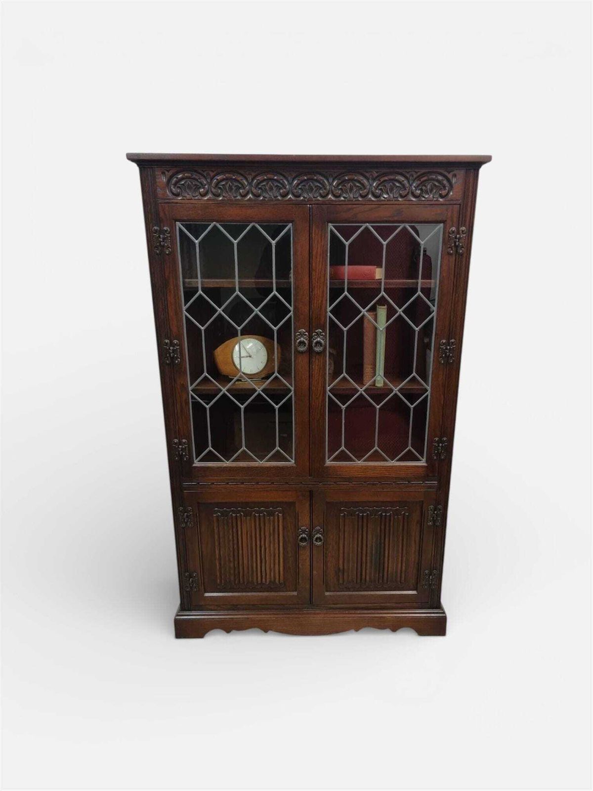 Vintage Old Charm Wood Bros / Oak Bookcase / Leaded Glass Doors / C1970