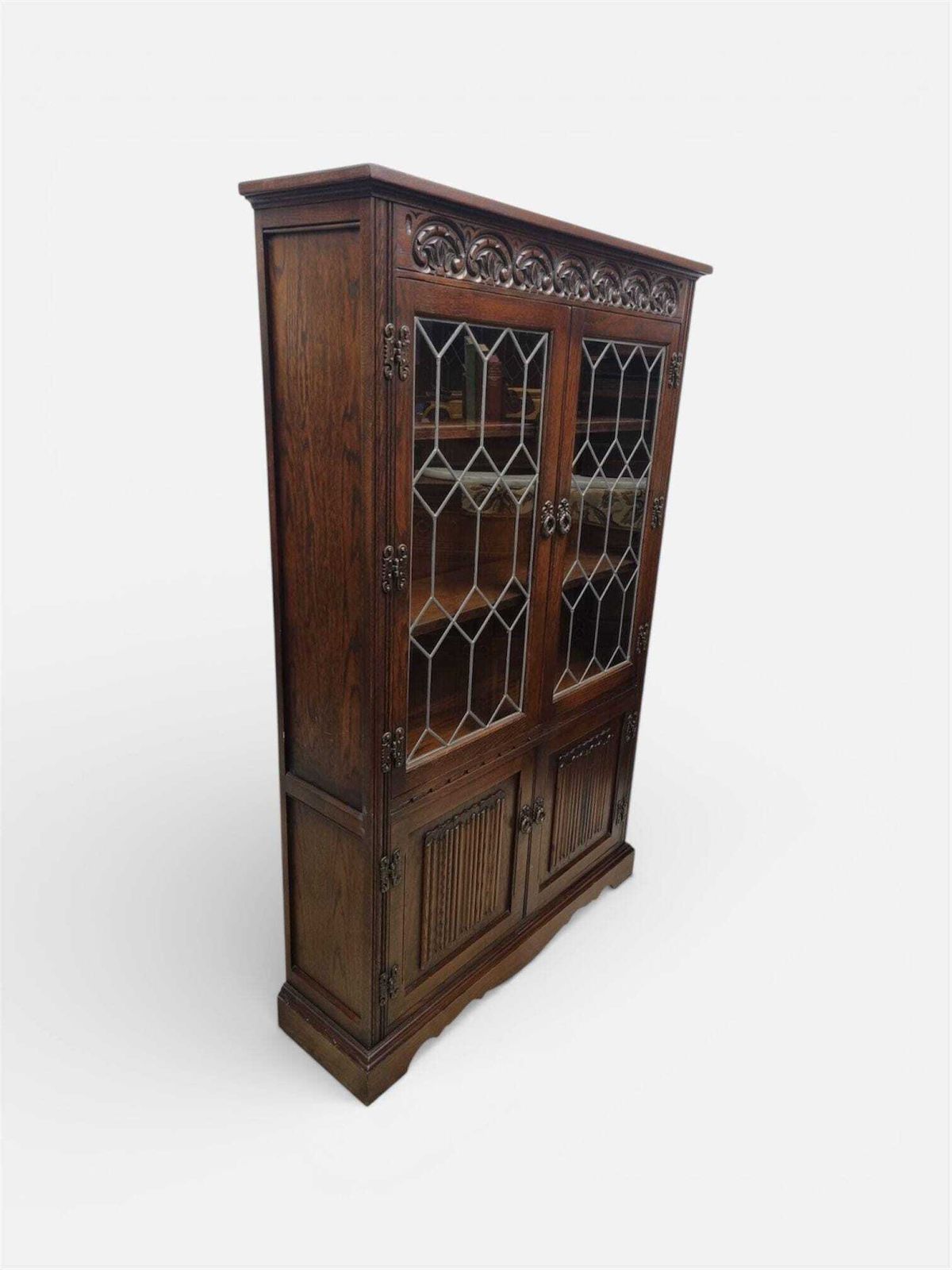 Vintage Old Charm Wood Bros / Oak Bookcase / Leaded Glass Doors / C1970 photo furniture