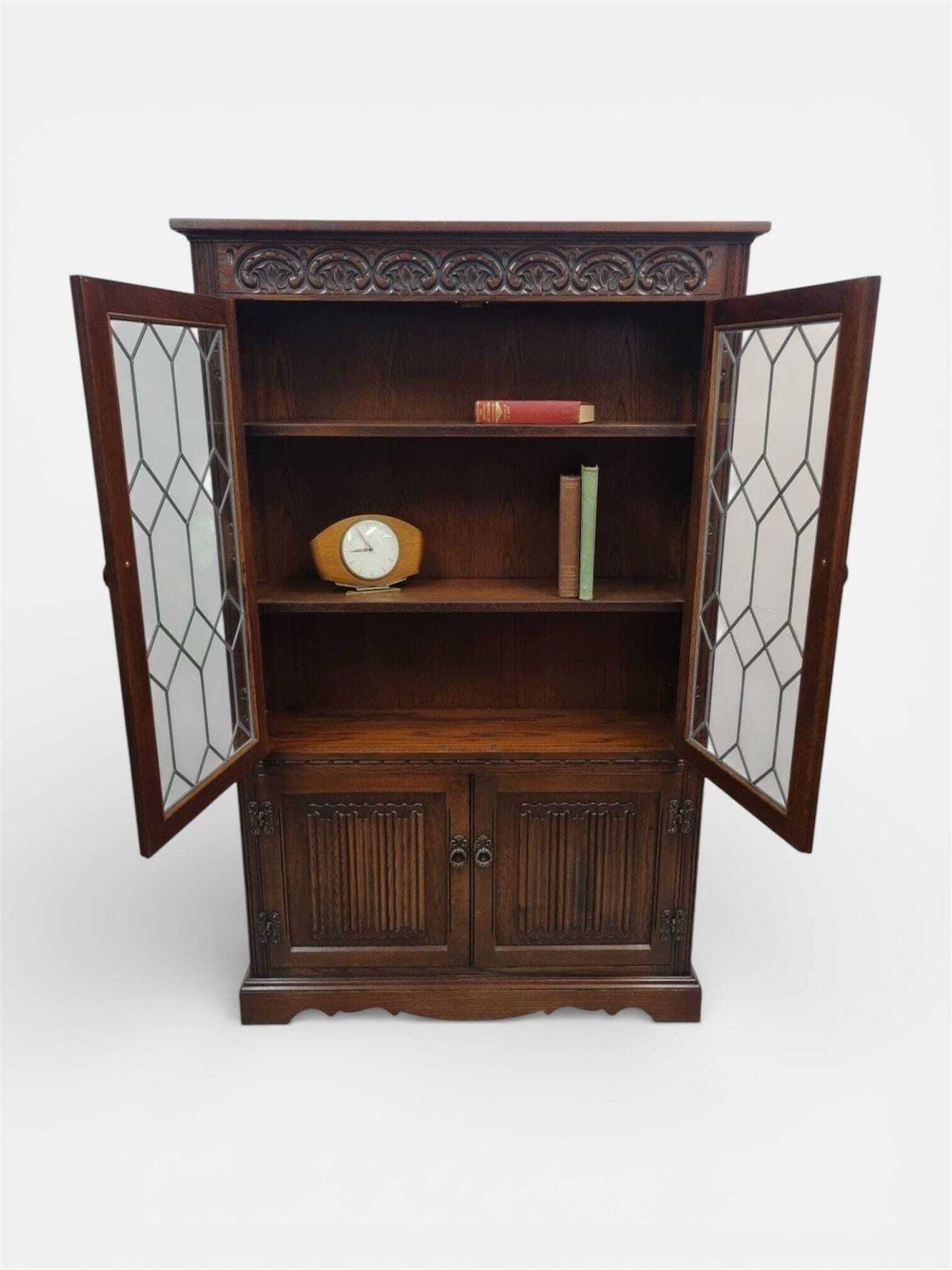 Vintage Old Charm Wood Bros / Oak Bookcase / Leaded Glass Doors / C1970 photo Furniture
