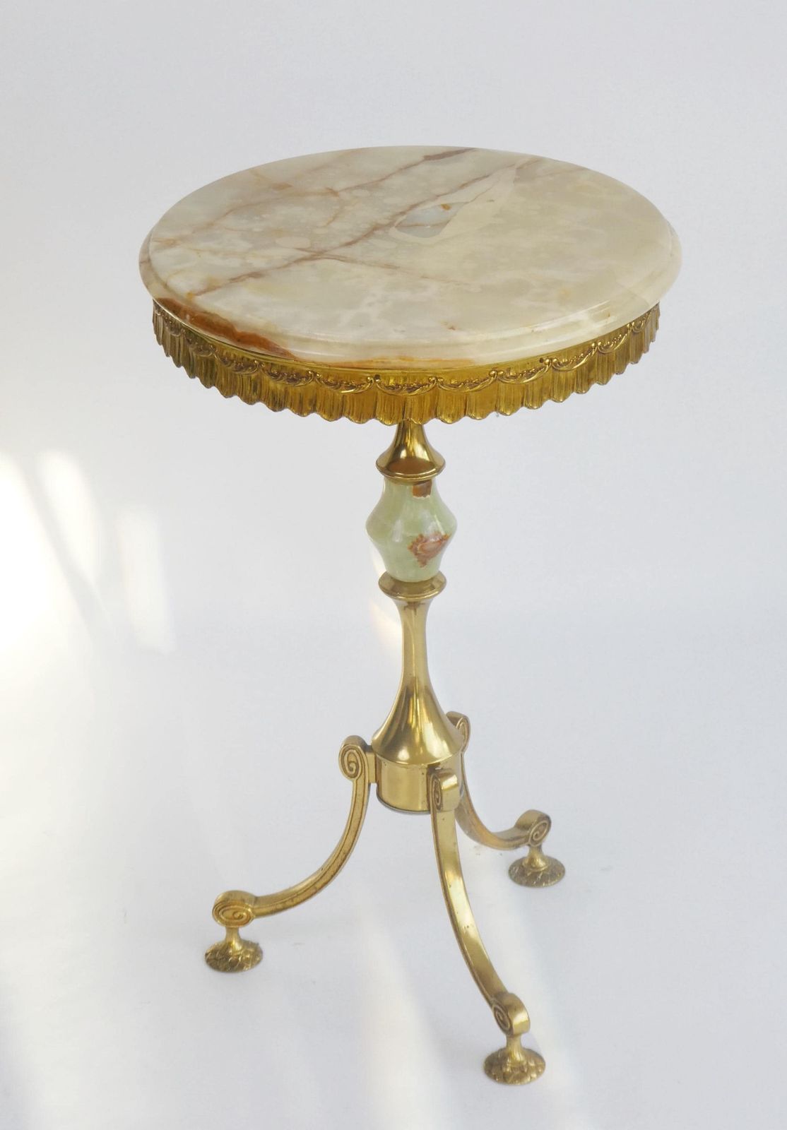 Antique Marble Tripod Table With Brass Legs, Ornate Onyx Plant Stand, Pedestal With Round Top photo furniture