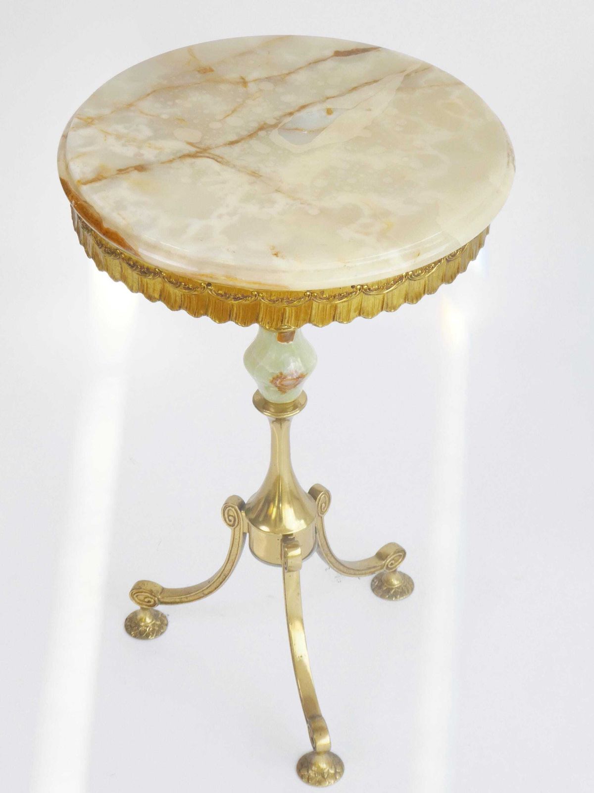 Antique Marble Tripod Table With Brass Legs, Ornate Onyx Plant Stand, Pedestal With Round Top photo for sale
