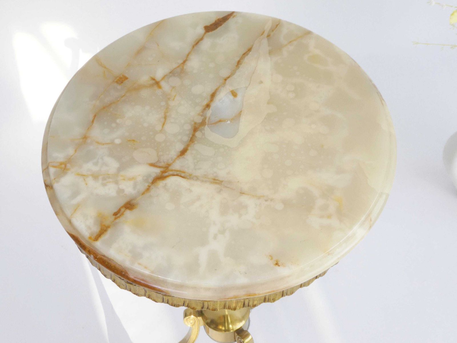 Antique Marble Tripod Table With Brass Legs, Ornate Onyx Plant Stand, Pedestal With Round Top photo 387.0