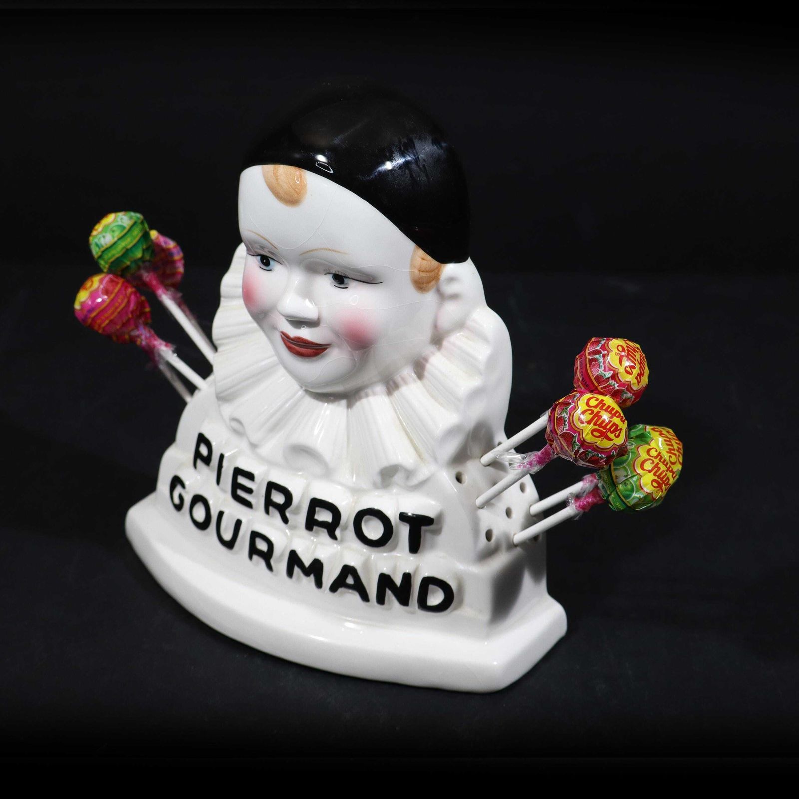 French Ceramic Pierrot Gourmand Lollipop Stand, Clown Bust, 1970s photo Art