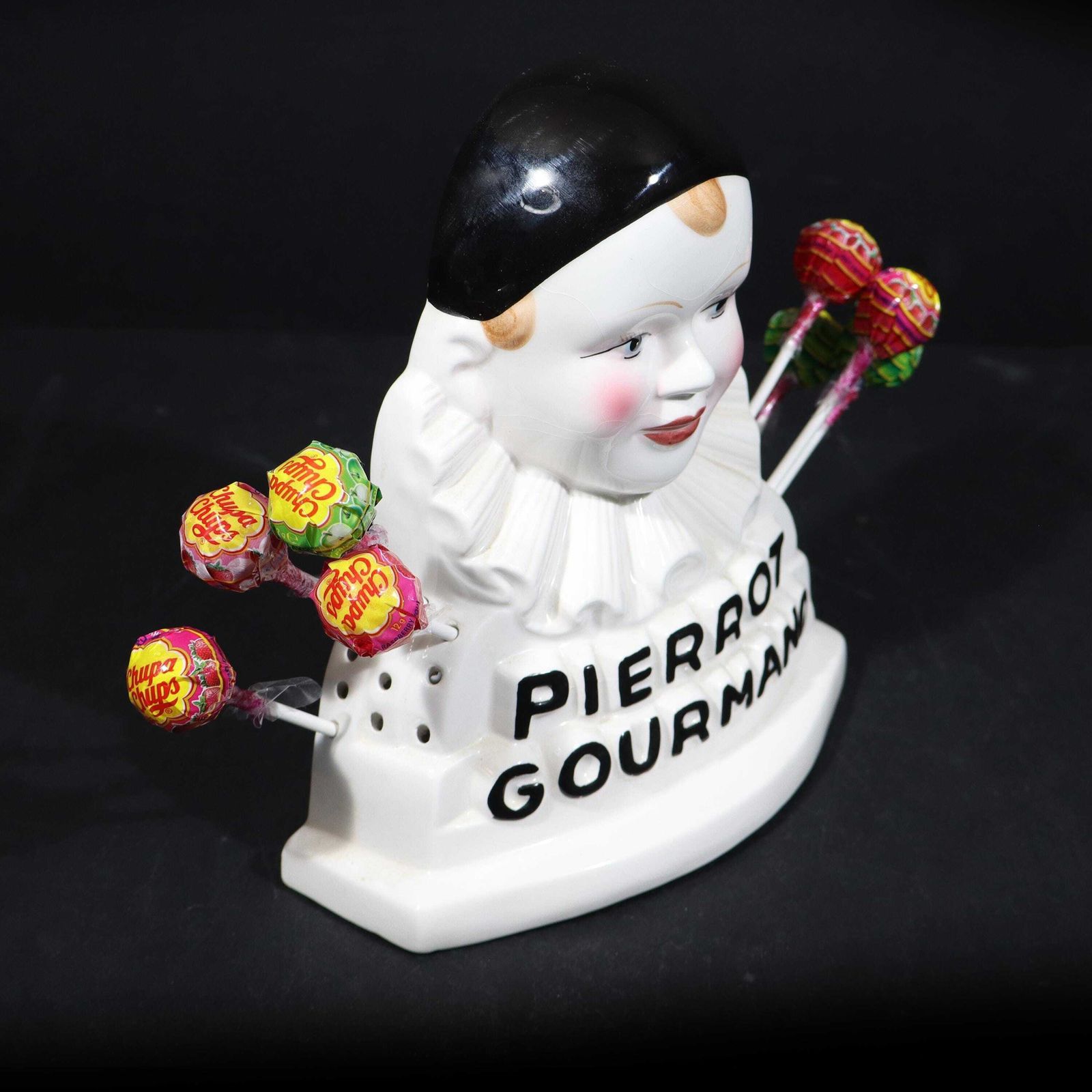 photo for sale French Ceramic Pierrot Gourmand Lollipop Stand, Clown Bust, 1970s