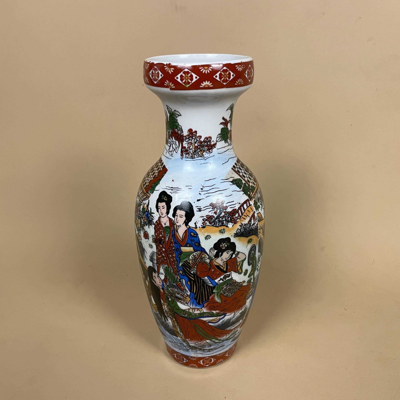 Oriental Ceramic Figural Vase Chinese Style Decorated Red Display Ornament Asian Home Decor Chinoiserie Scenic Picture photo furniture