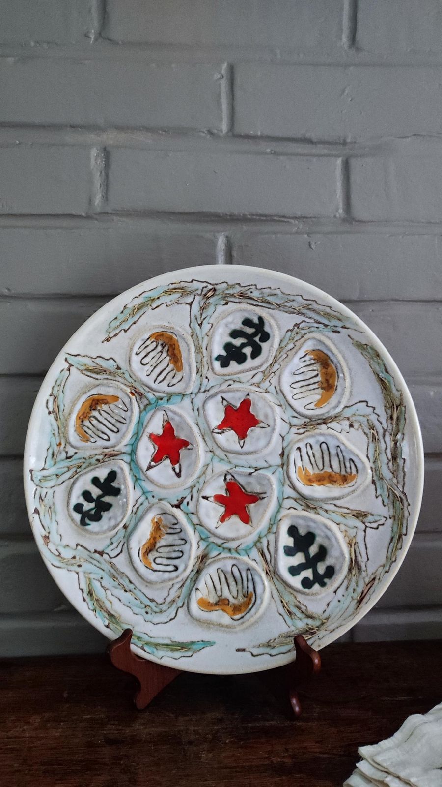 Mid Century Modern French Oyster Platter With Sea Decor In Pornic Pottery photo for sale