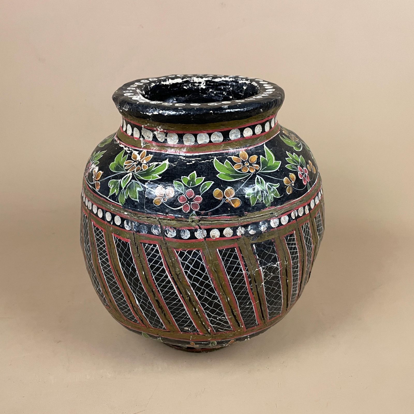 Kashmiri Style Paper Mache Floral Pot Black Hand Painted Indian Folk Art Vase Boho Home Decor Asian Vintage