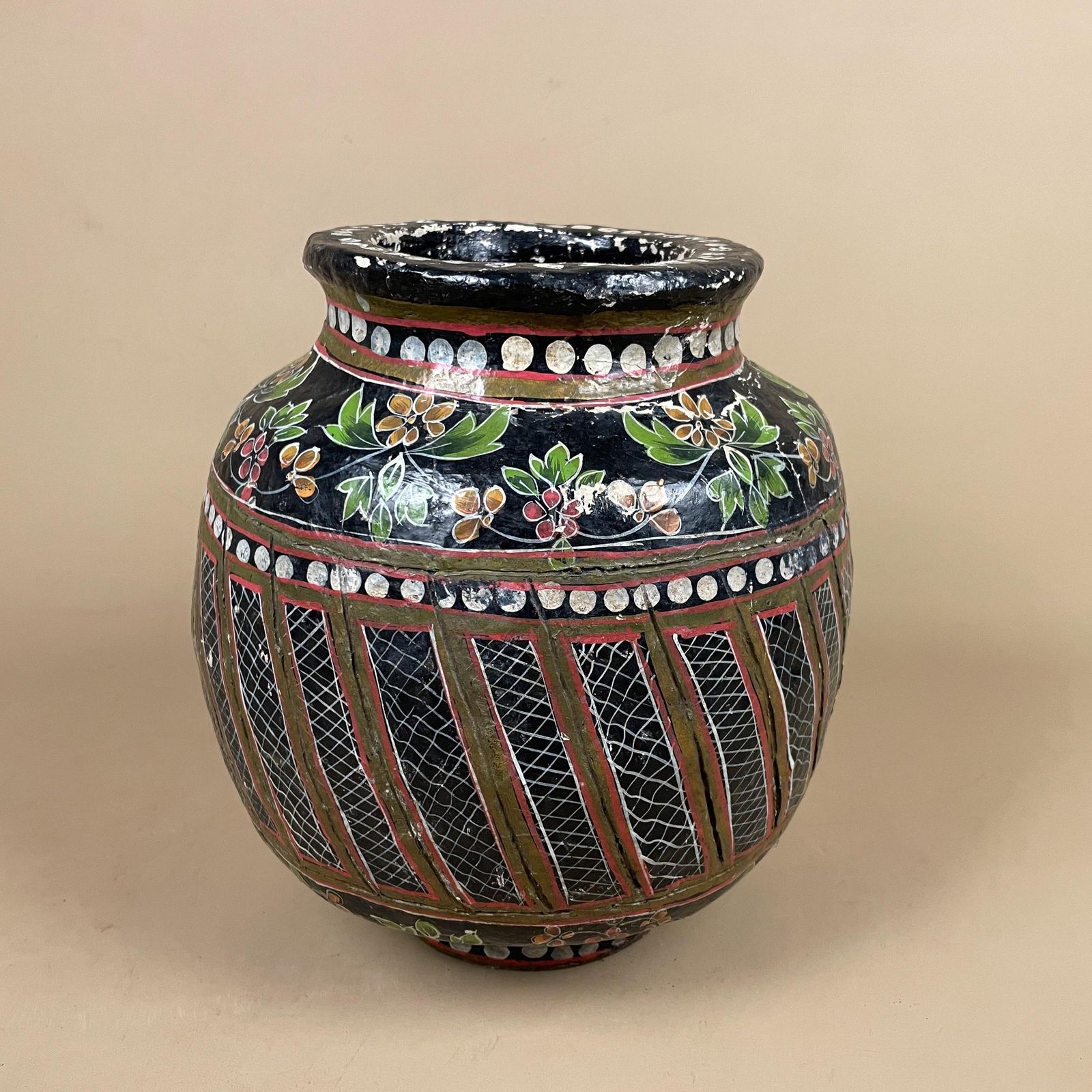 Kashmiri Style Paper Mache Floral Pot Black Hand Painted Indian Folk Art Vase Boho Home Decor Asian Vintage photo 85.0