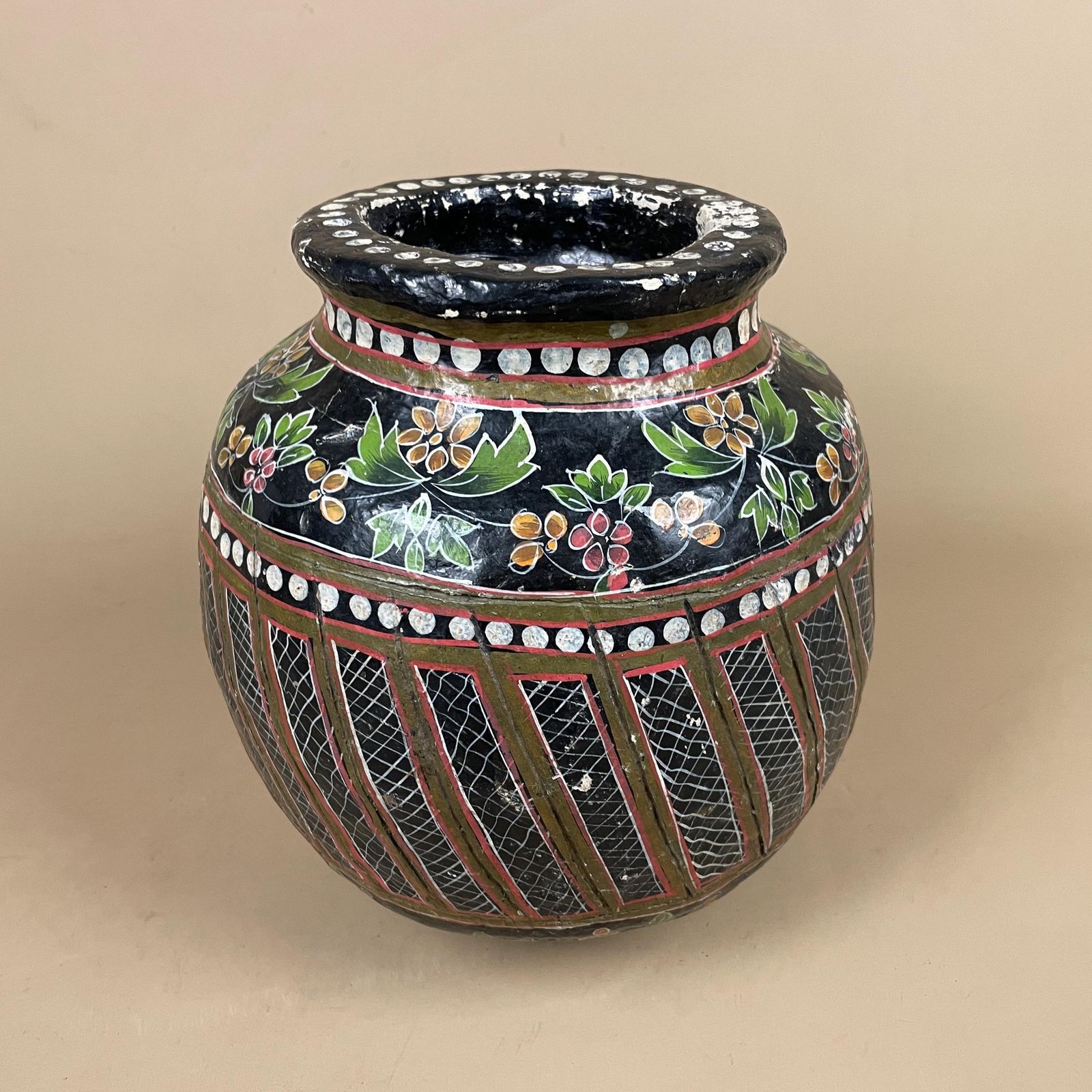 Kashmiri Style Paper Mache Floral Pot Black Hand Painted Indian Folk Art Vase Boho Home Decor Asian Vintage photo vinterior