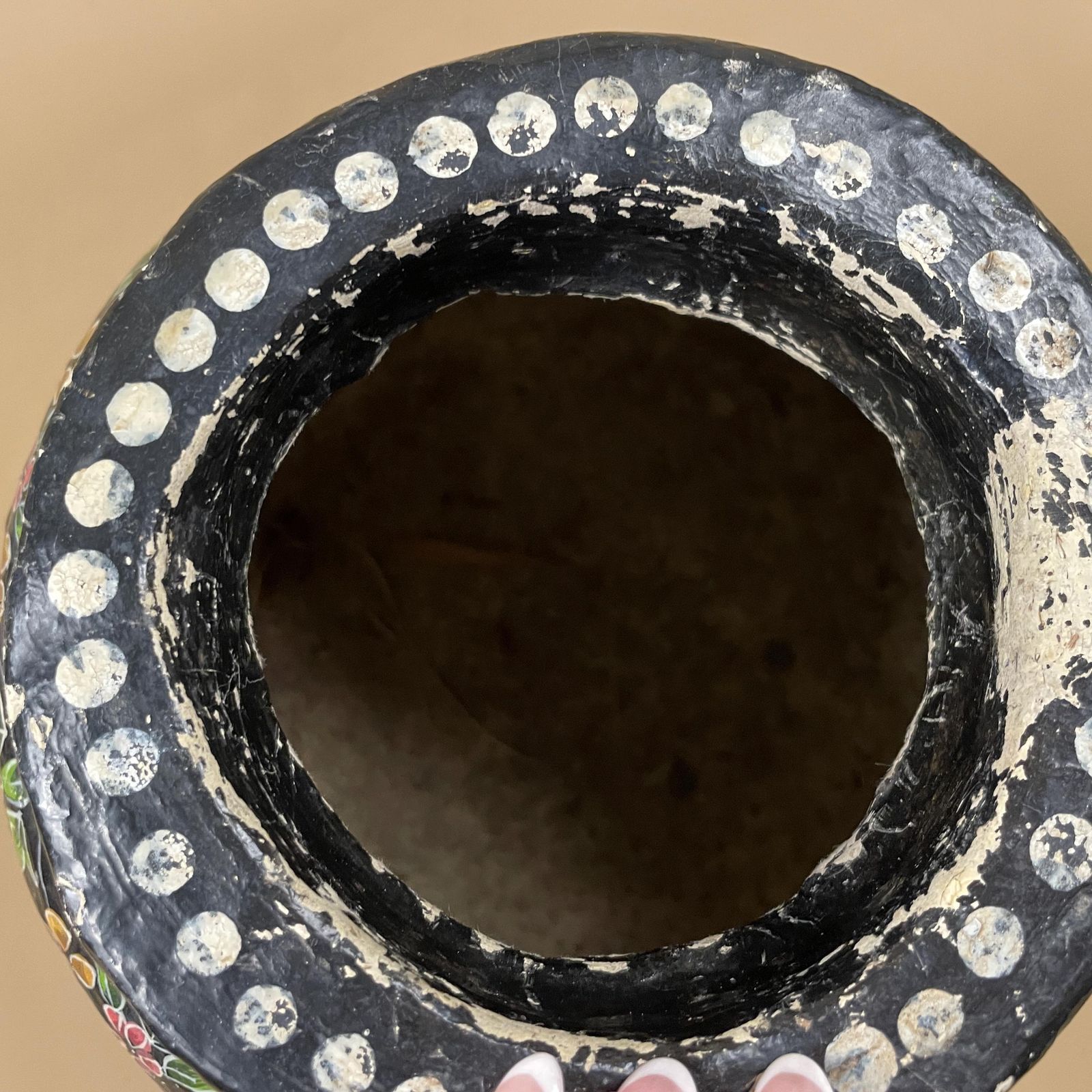 Kashmiri Style Paper Mache Floral Pot Black Hand Painted Indian Folk Art Vase Boho Home Decor Asian Vintage photo vintage
