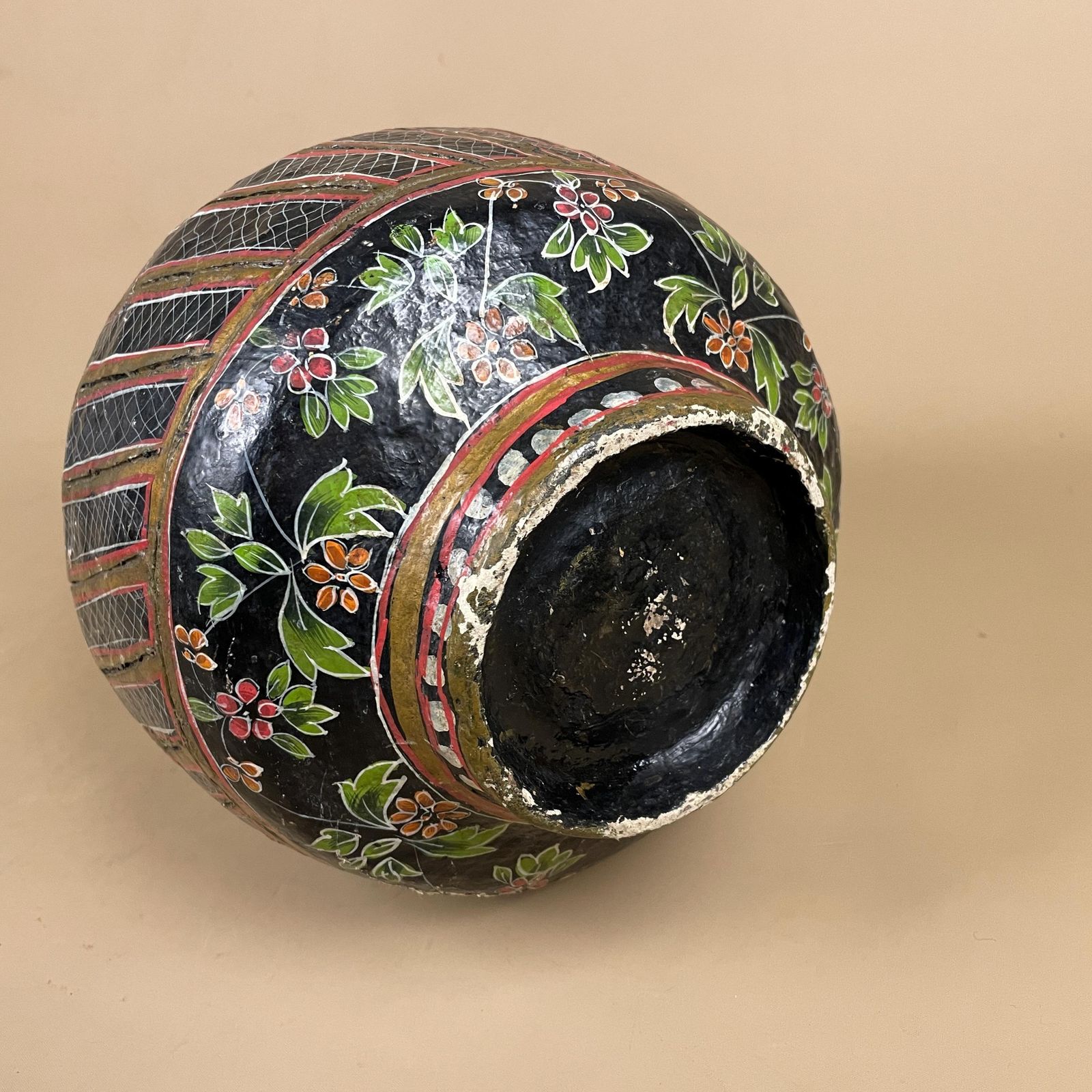 photo for sale Kashmiri Style Paper Mache Floral Pot Black Hand Painted Indian Folk Art Vase Boho Home Decor Asian Vintage