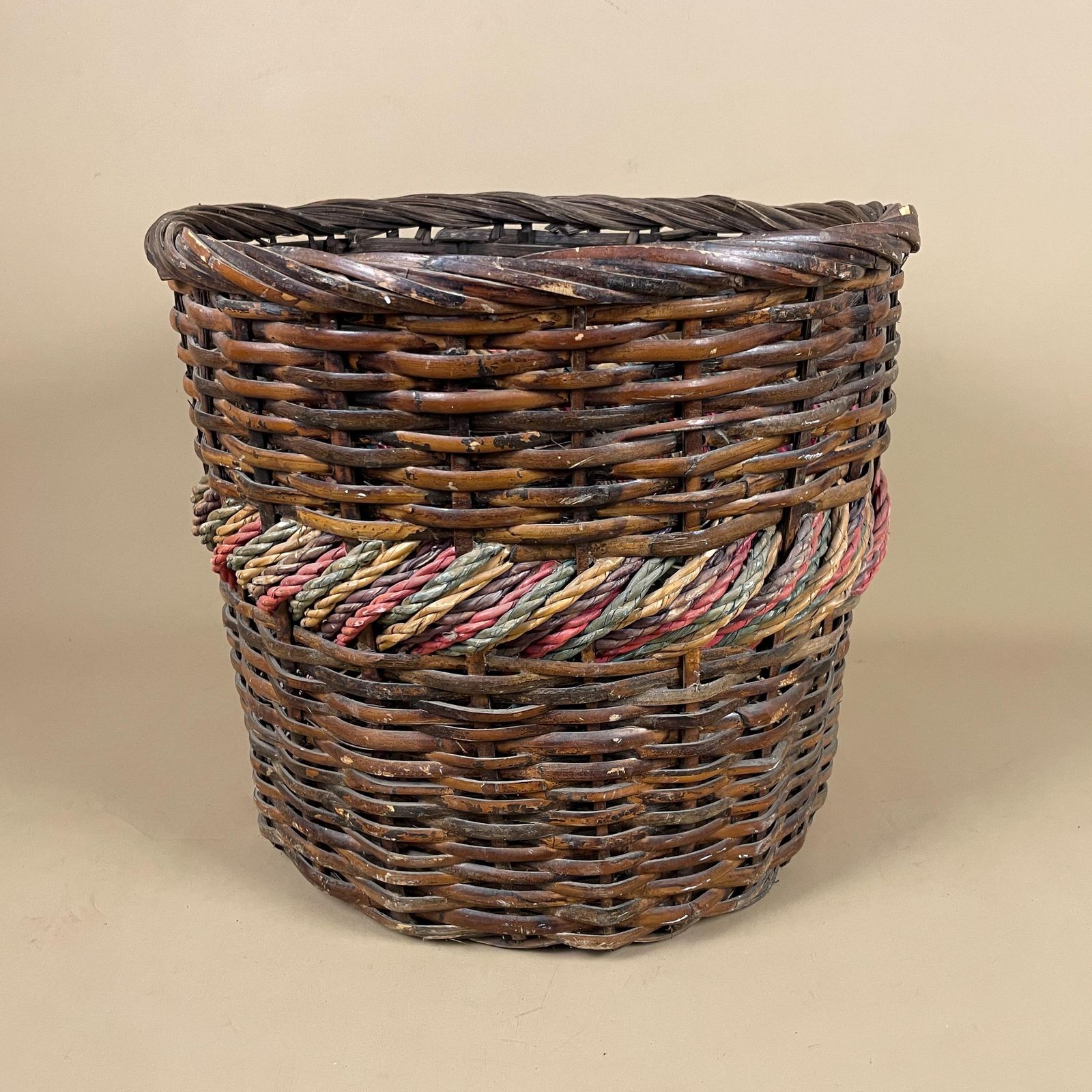 Vintage Dark Wicker Basket Tall Handwoven Storage Basket With Twisted String Detail Rustic Boho Home Decor Natural Weave photo furniture