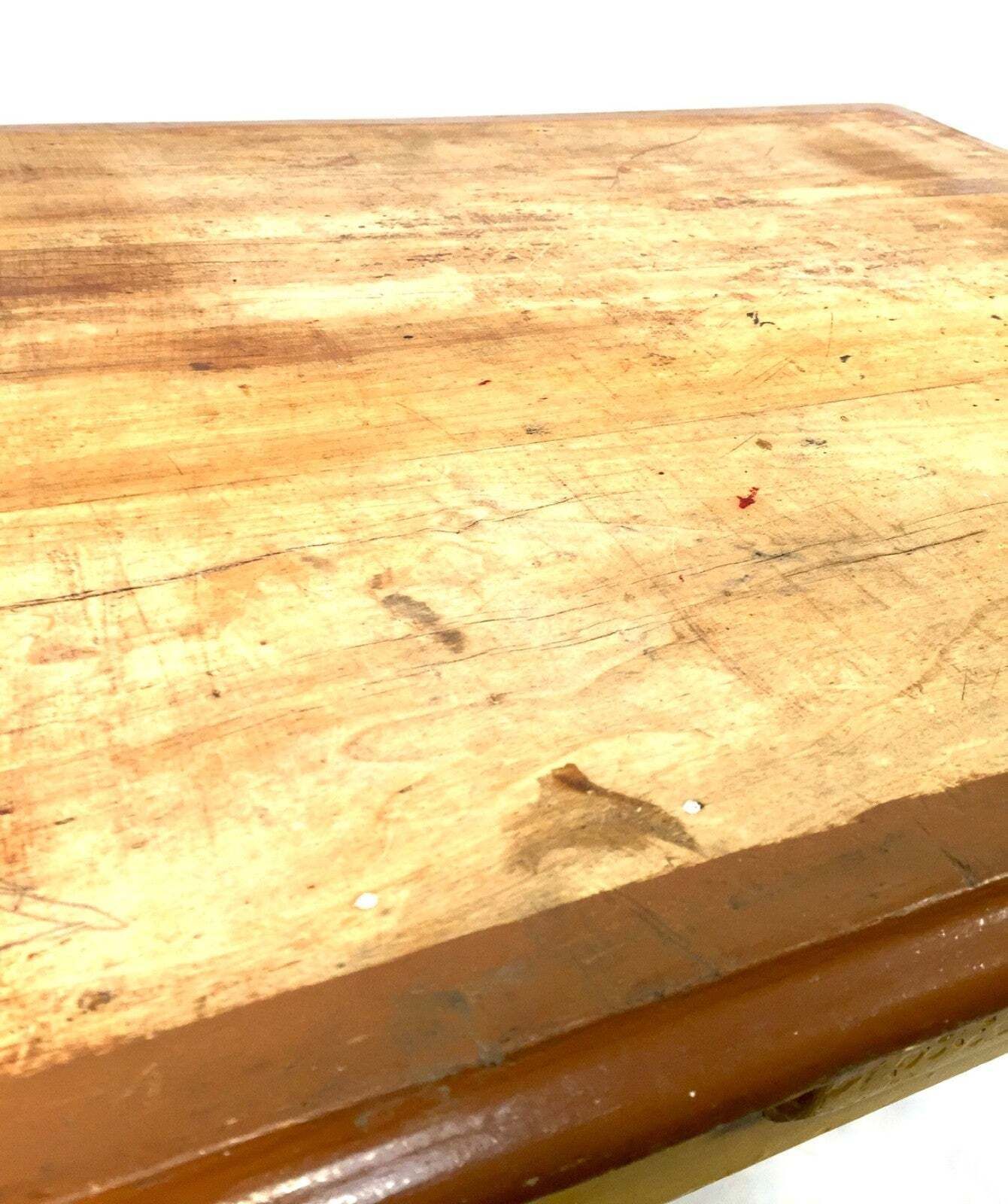Antique Pine Wooden French Small Table With Drawer / Yellow Painted Turned Legs photo Furniture
