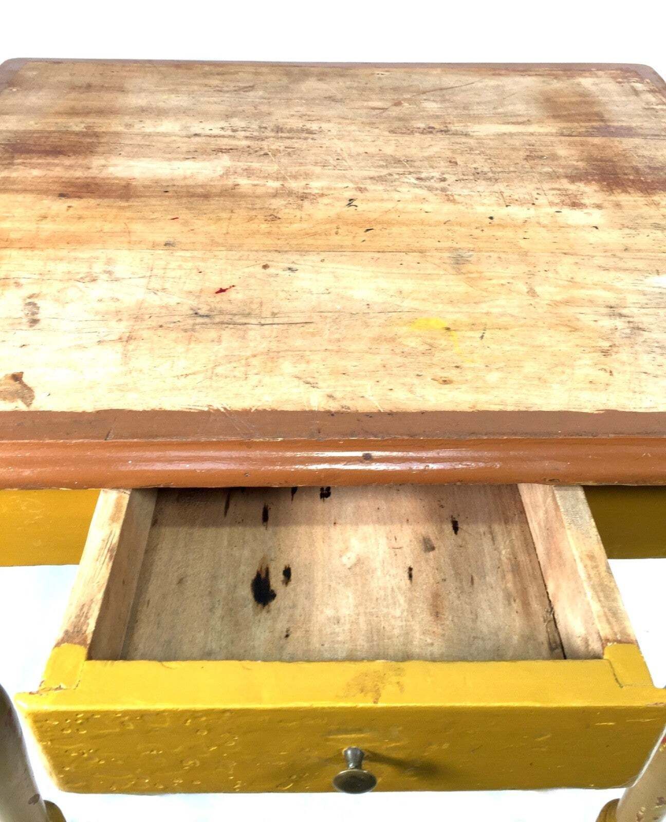 Antique Pine Wooden French Small Table With Drawer / Yellow Painted Turned Legs photo 289.0