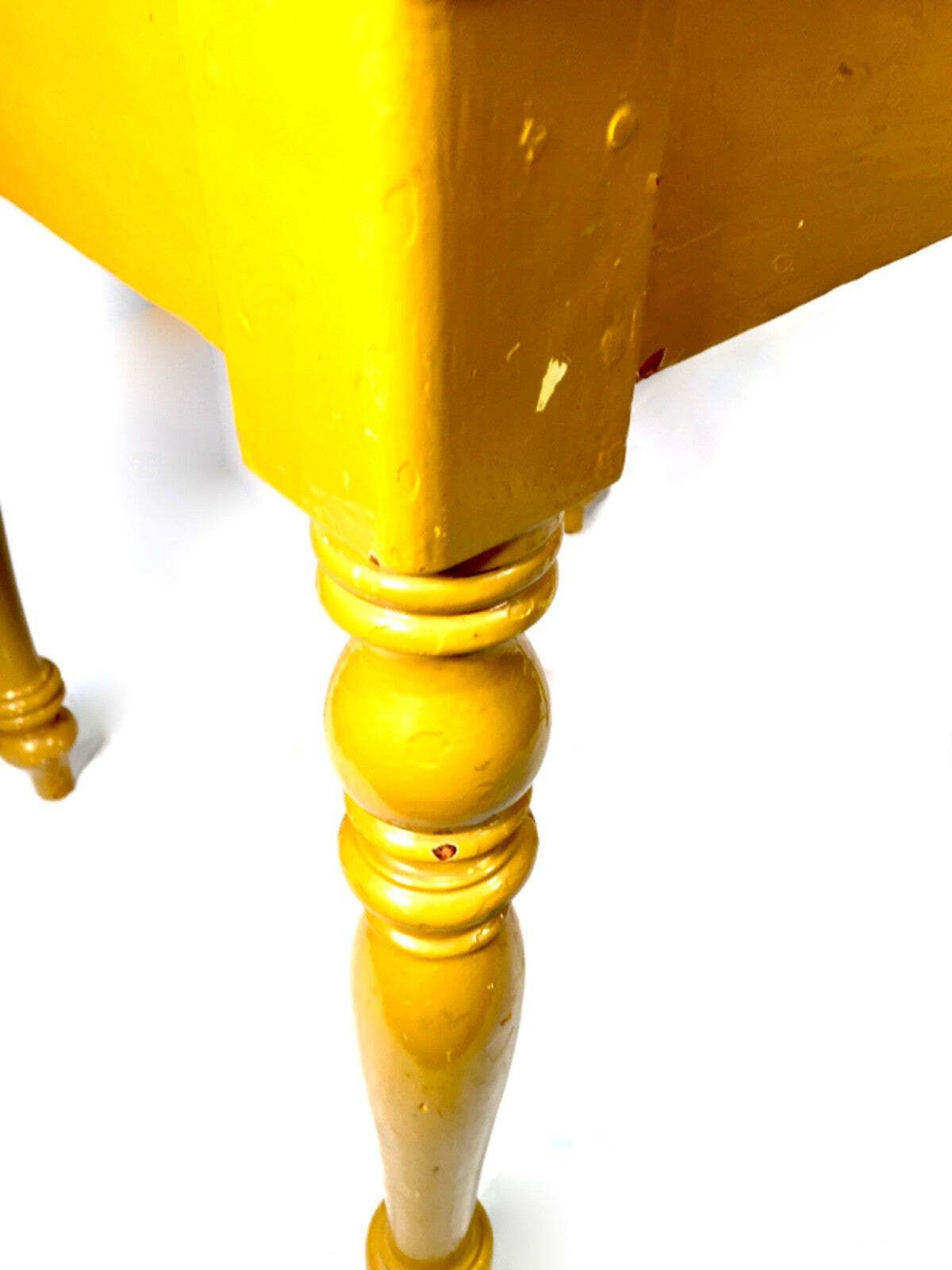 Antique Pine Wooden French Small Table With Drawer / Yellow Painted Turned Legs photo buy
