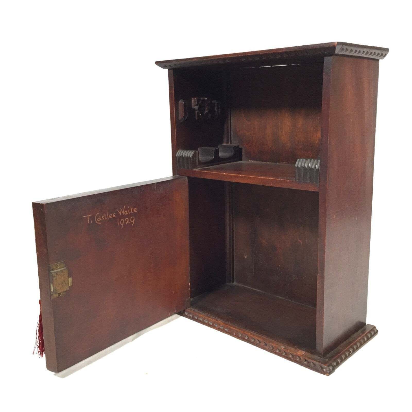 Antique 1920s Wooden Hand Carved Smokers Cabinet / Cupboard / Box With Key photo 169.0