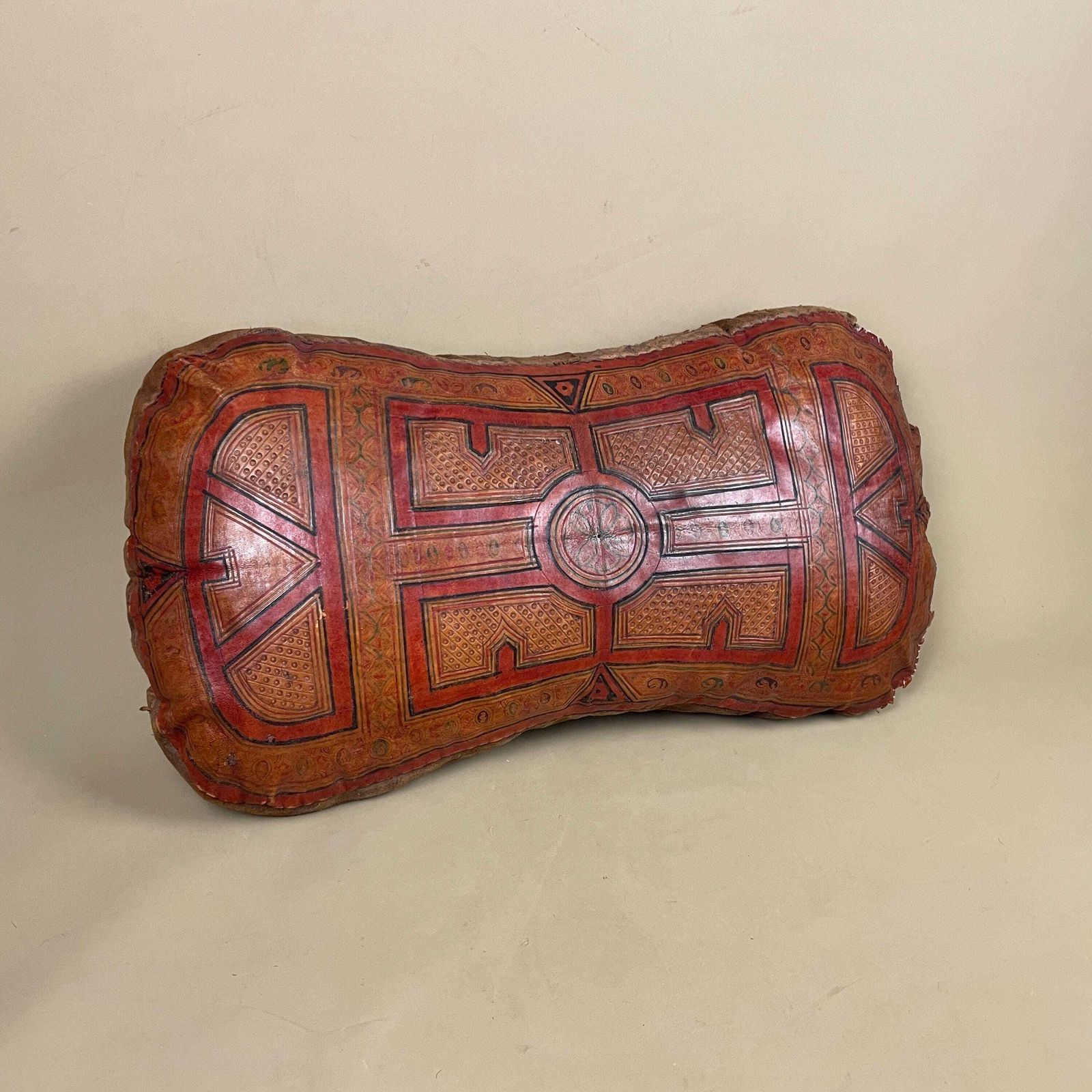 Moroccan Leather Cushion Red Hand Tooled Pouf Pillow Vintage Decor Sofa Pillow Boho Ottoman Handmade Brown Geometric Pattern photo furniture