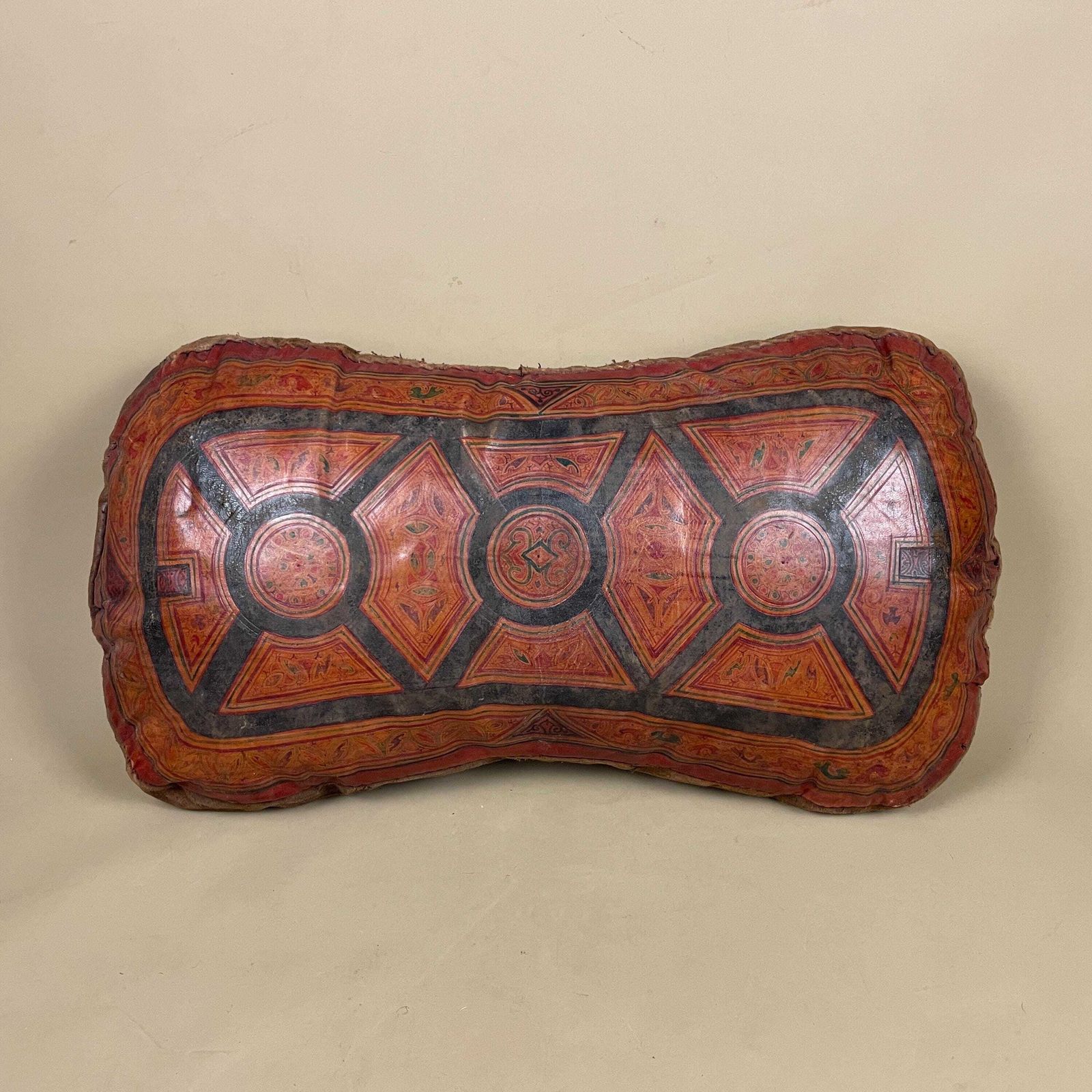 Textiles Moroccan Leather Cushion Red Hand Tooled Pouf Pillow Vintage Decor Sofa Pillow Boho Ottoman Handmade Brown Geometric Pattern photo