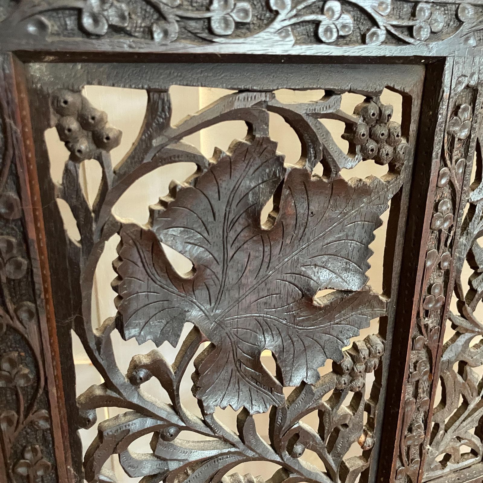 895.0 Indian Hand Carved Wood Folding Screen Floral Panels Room Divider Antique Wooden Large Intricate C.Late 19th/Earlier 20th Century photo