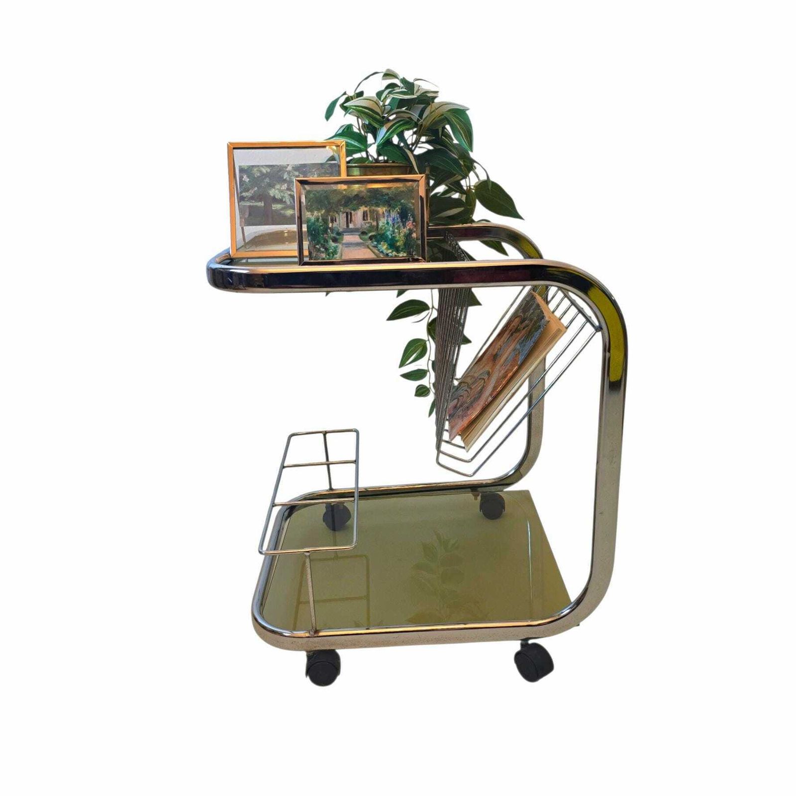 Mid Century Modern Smoky Glass And Chrome Side Table With Magazine Rack, Bar Cart photo for sale