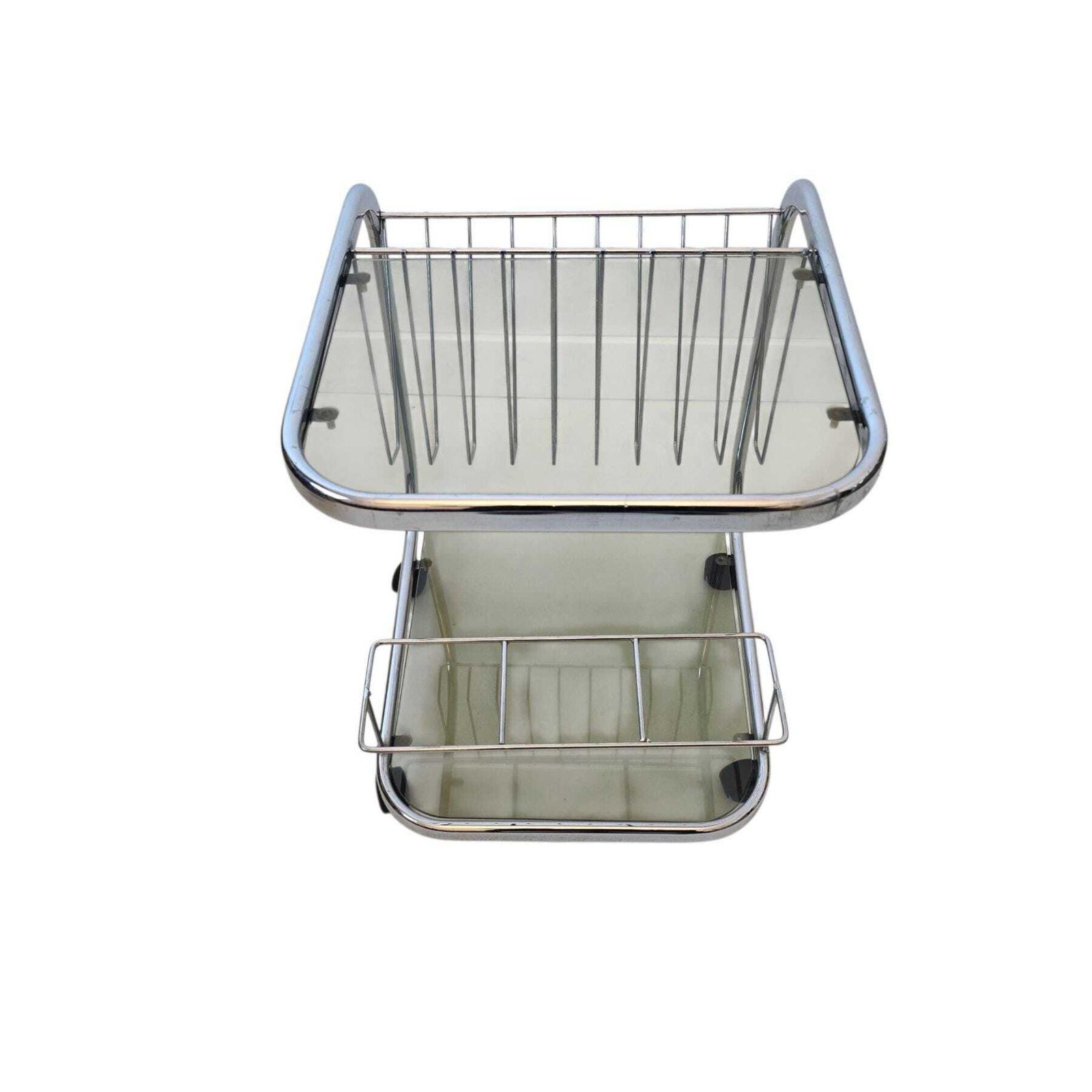 photo furniture Mid Century Modern Smoky Glass And Chrome Side Table With Magazine Rack, Bar Cart
