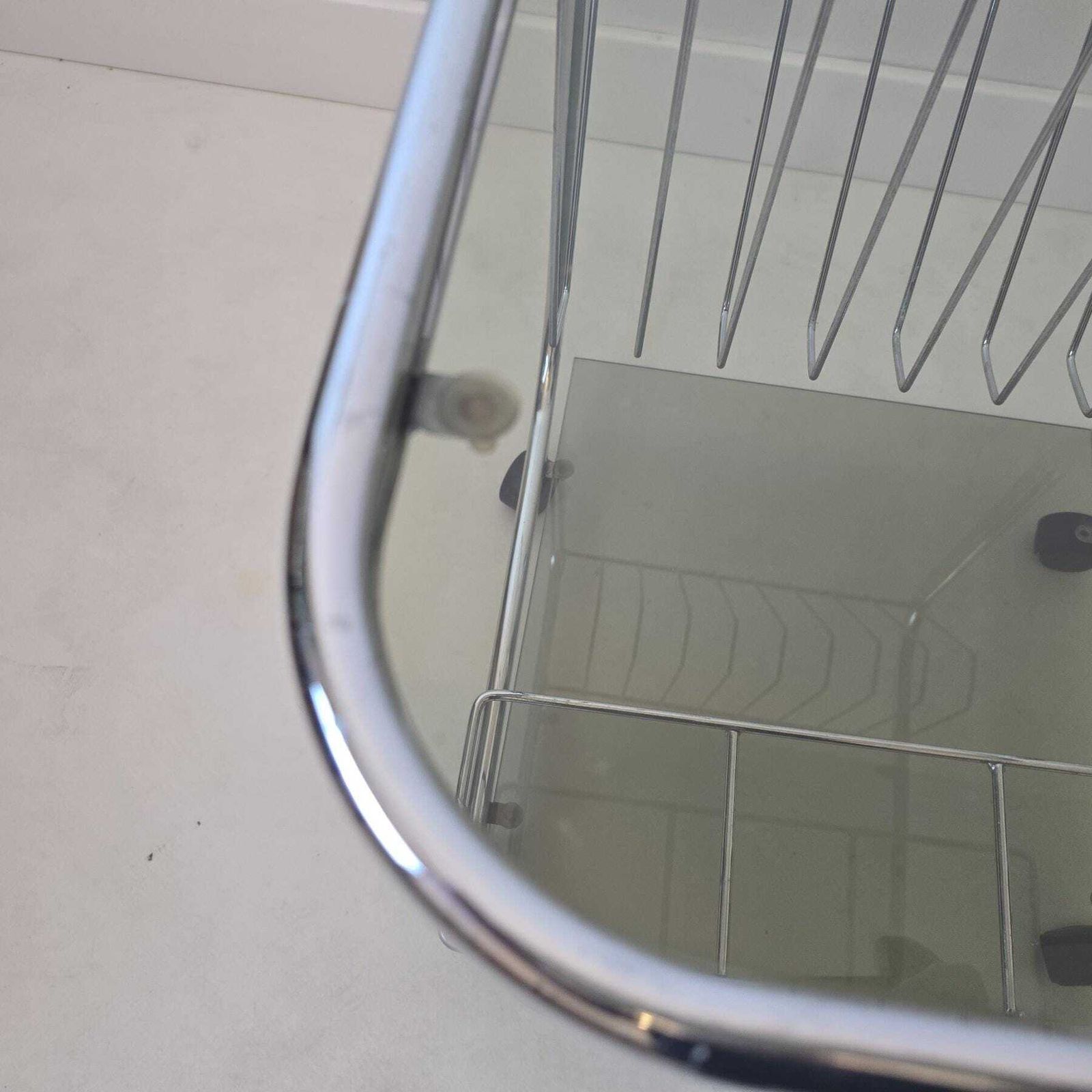 Home Decor Mid Century Modern Smoky Glass And Chrome Side Table With Magazine Rack, Bar Cart photo