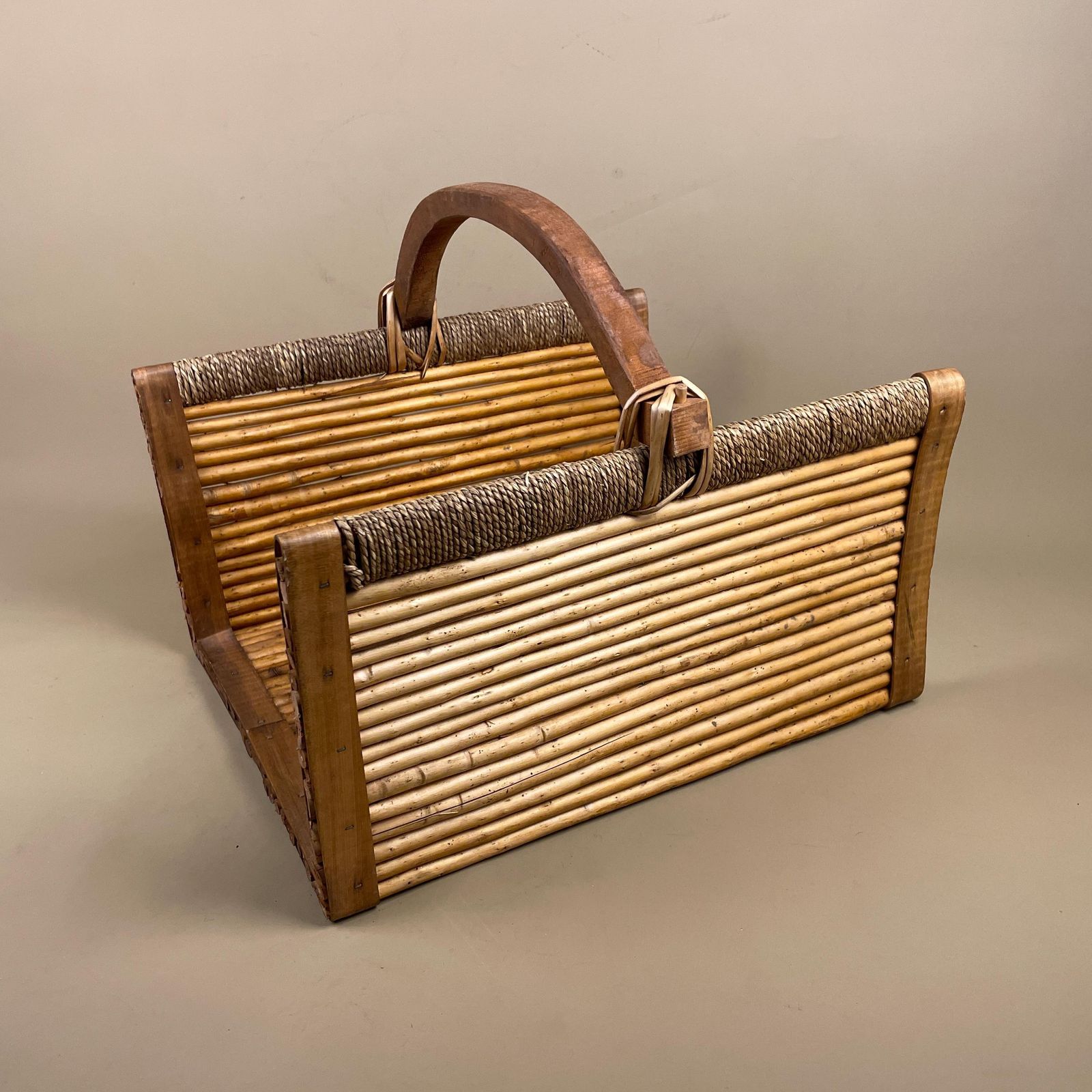 Rectangle Log Basket Woven Wicker Vintage Storage Cottage Farmhouse Decor Handle Wooden Bamboo Brown Beige Retro Display