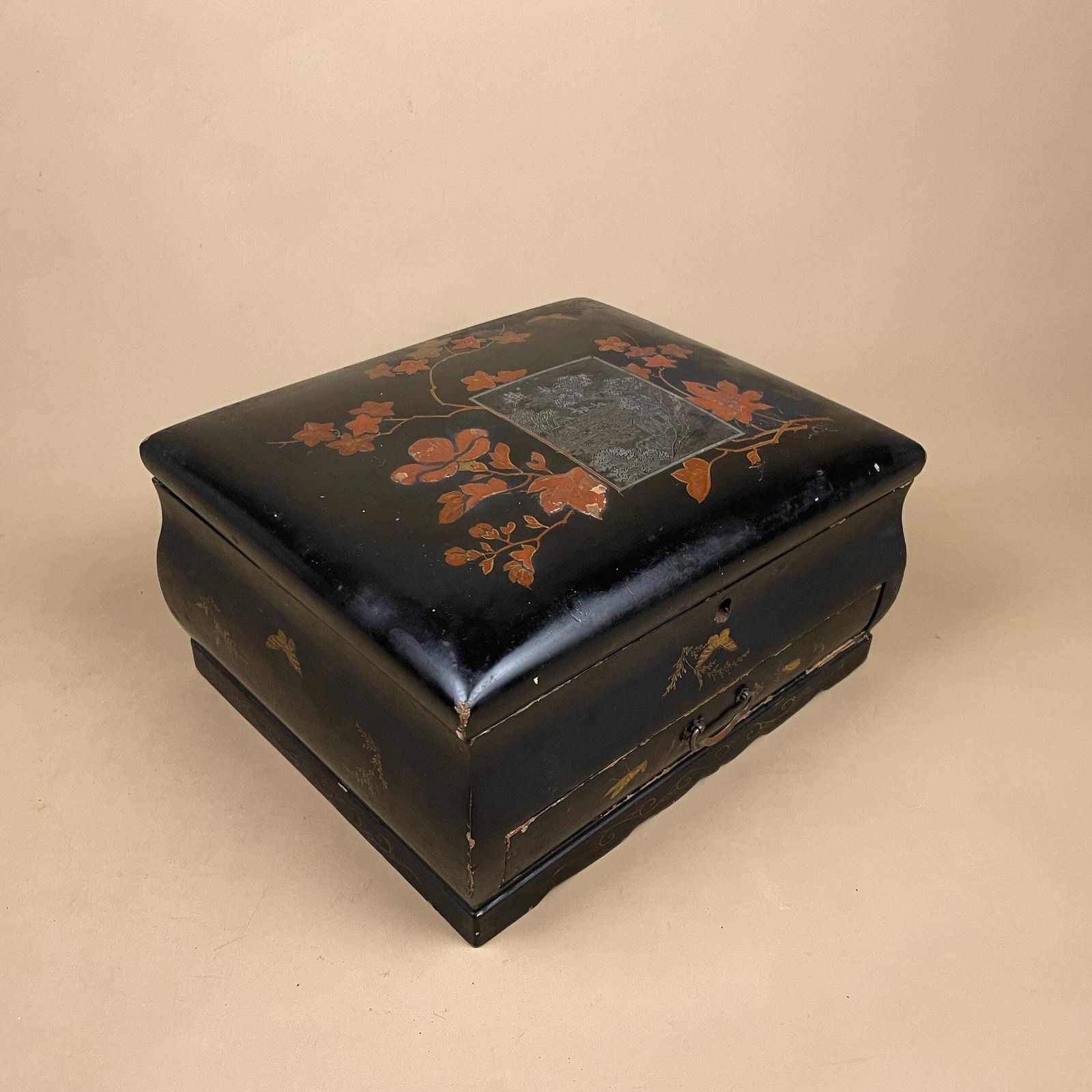Antique Oriental Lacquer Box Black Painted Jewellery Sewing Box Floral Pattern Asian Chinoiserie Storage Chest Dressing Table Decor