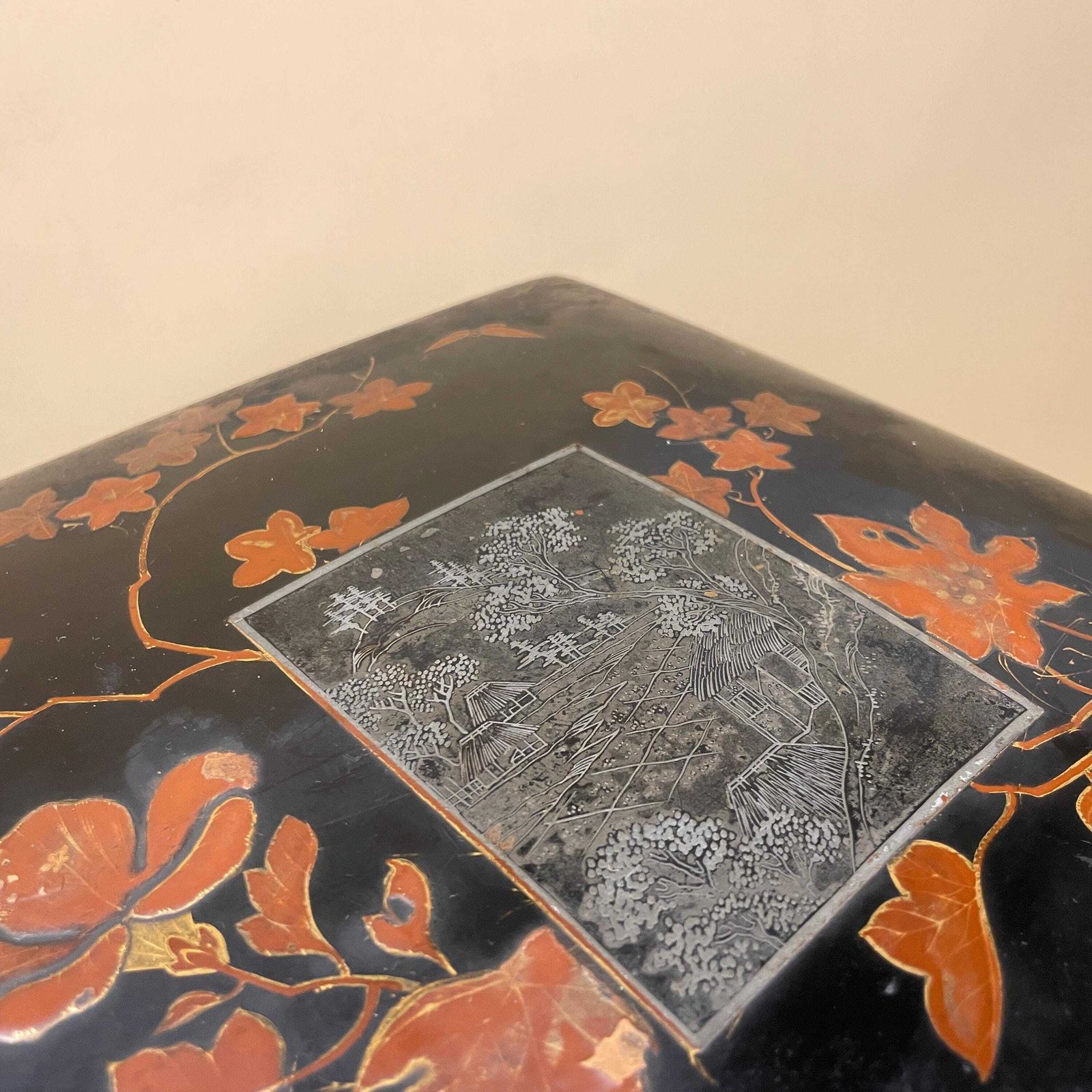 Antique Oriental Lacquer Box Black Painted Jewellery Sewing Box Floral Pattern Asian Chinoiserie Storage Chest Dressing Table Decor photo 195.0