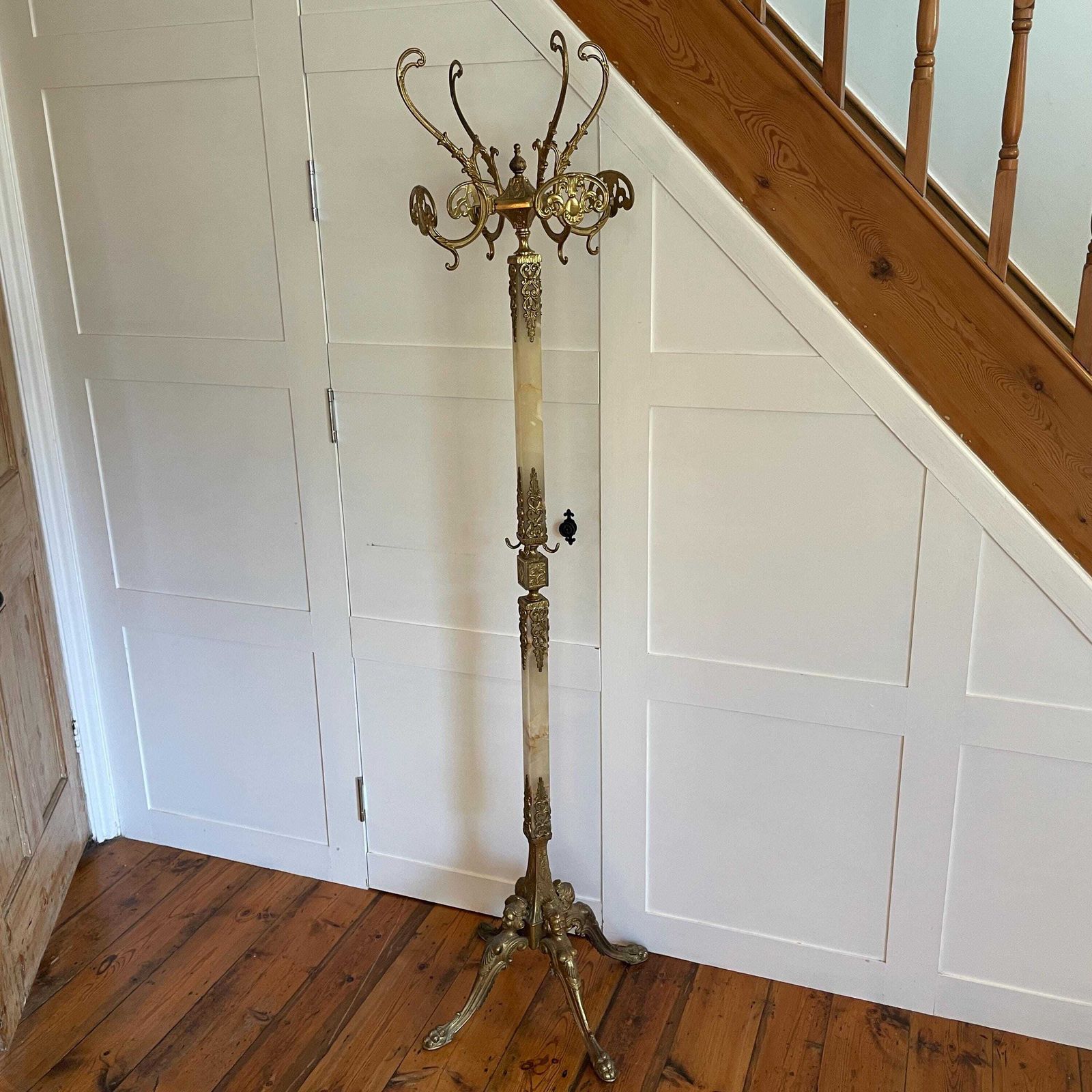 photo for sale Italian Hollywood Regency Style Hall Tree Stand Standing Coat Hat Rack Marble Onyx Brass Entryway Decor Mid Century C.1960s