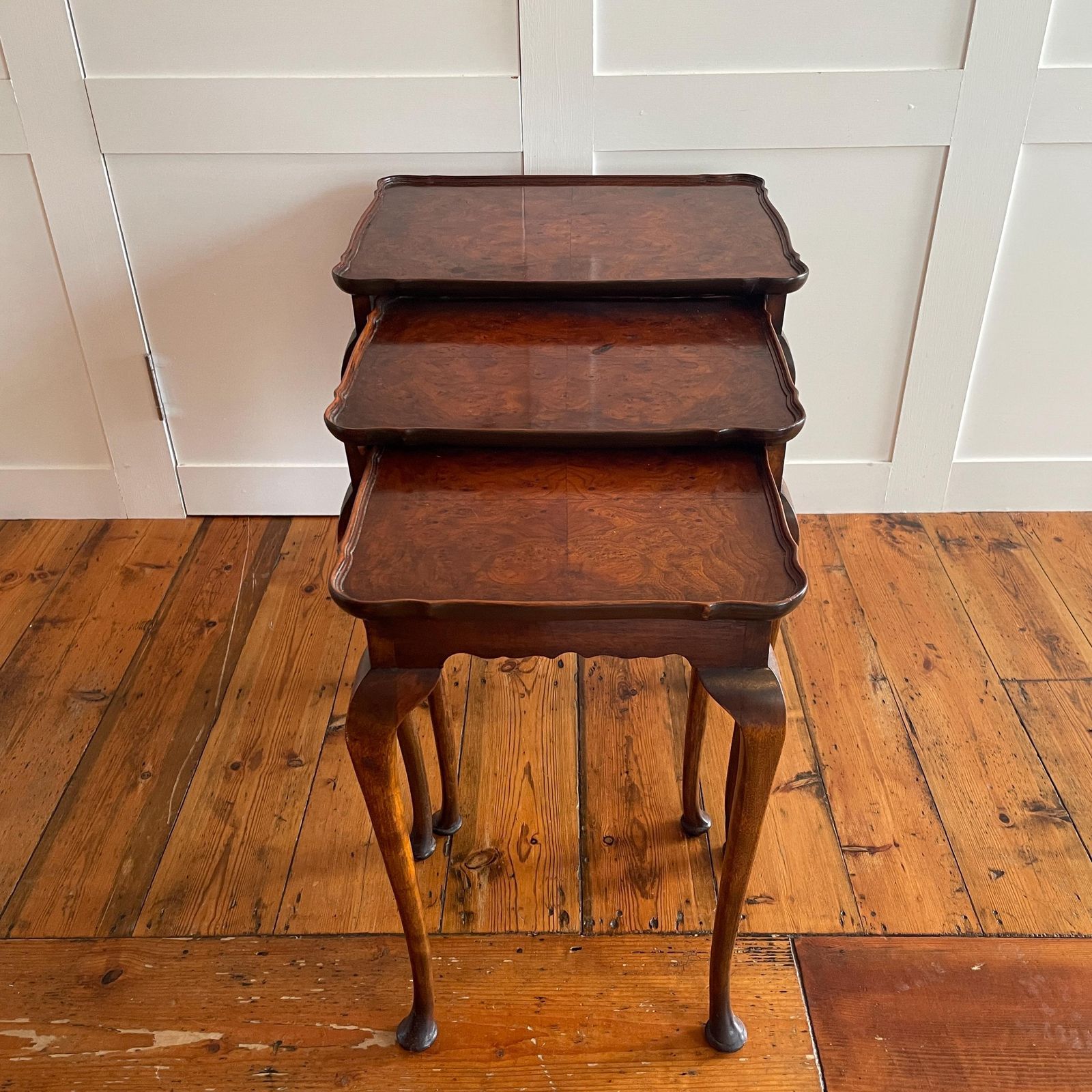 photo for sale Antique Wooden Tables Nesting 3 Wood Ornate Carved Nest Burr Walnut Art Deco Plant Stands Table End Side Serpentine Vintage Set