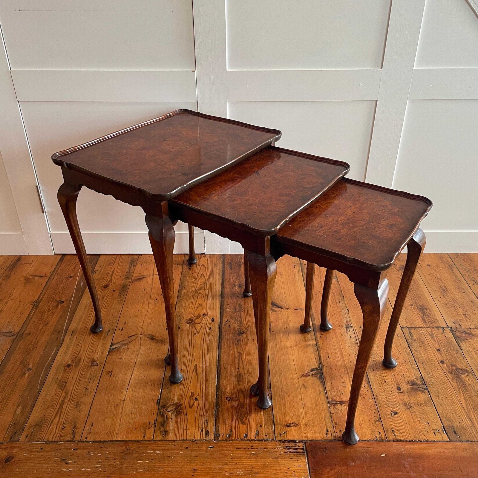 Furniture Antique Wooden Tables Nesting 3 Wood Ornate Carved Nest Burr Walnut Art Deco Plant Stands Table End Side Serpentine Vintage Set photo