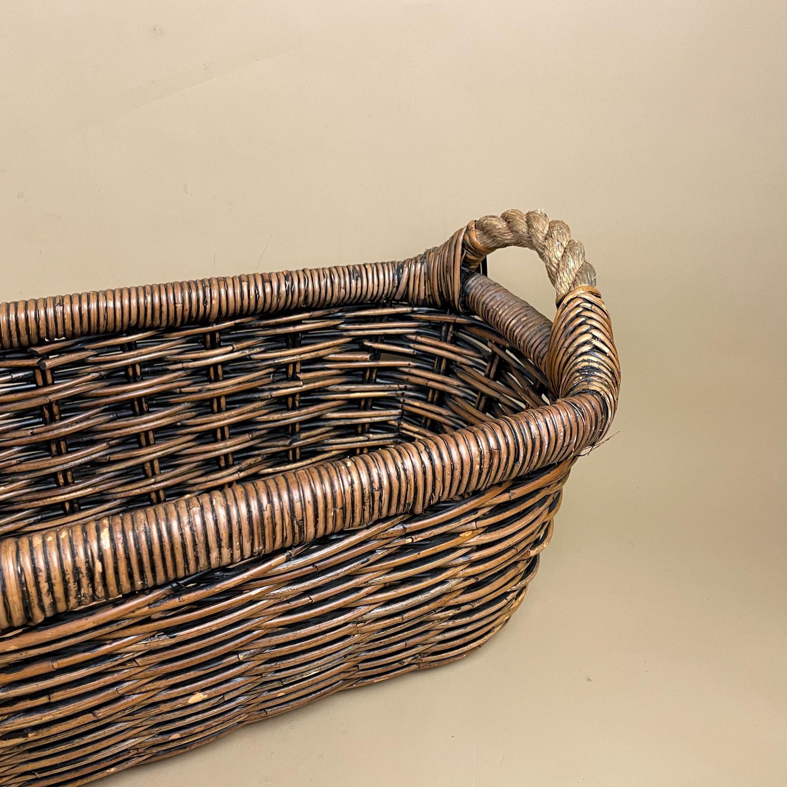Vintage Oval Basket Woven Wicker Rope Handles Narrow Long Log Storage Display Cottage Farmhouse Logs Wood Wooden Antique photo furniture