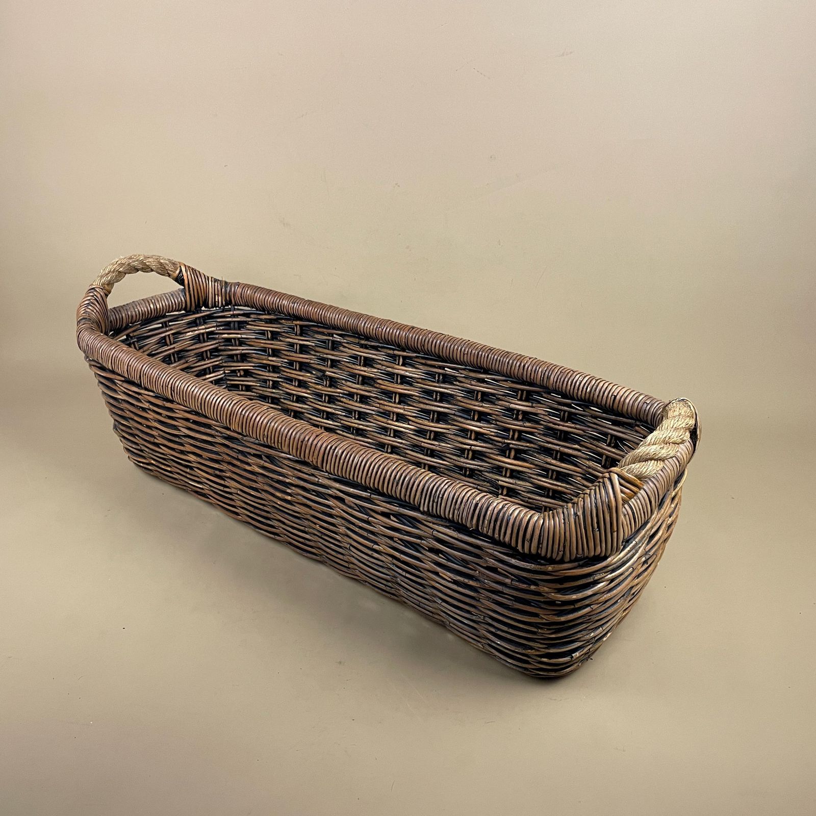 Vintage Oval Basket Woven Wicker Rope Handles Narrow Long Log Storage Display Cottage Farmhouse Logs Wood Wooden Antique photo for sale