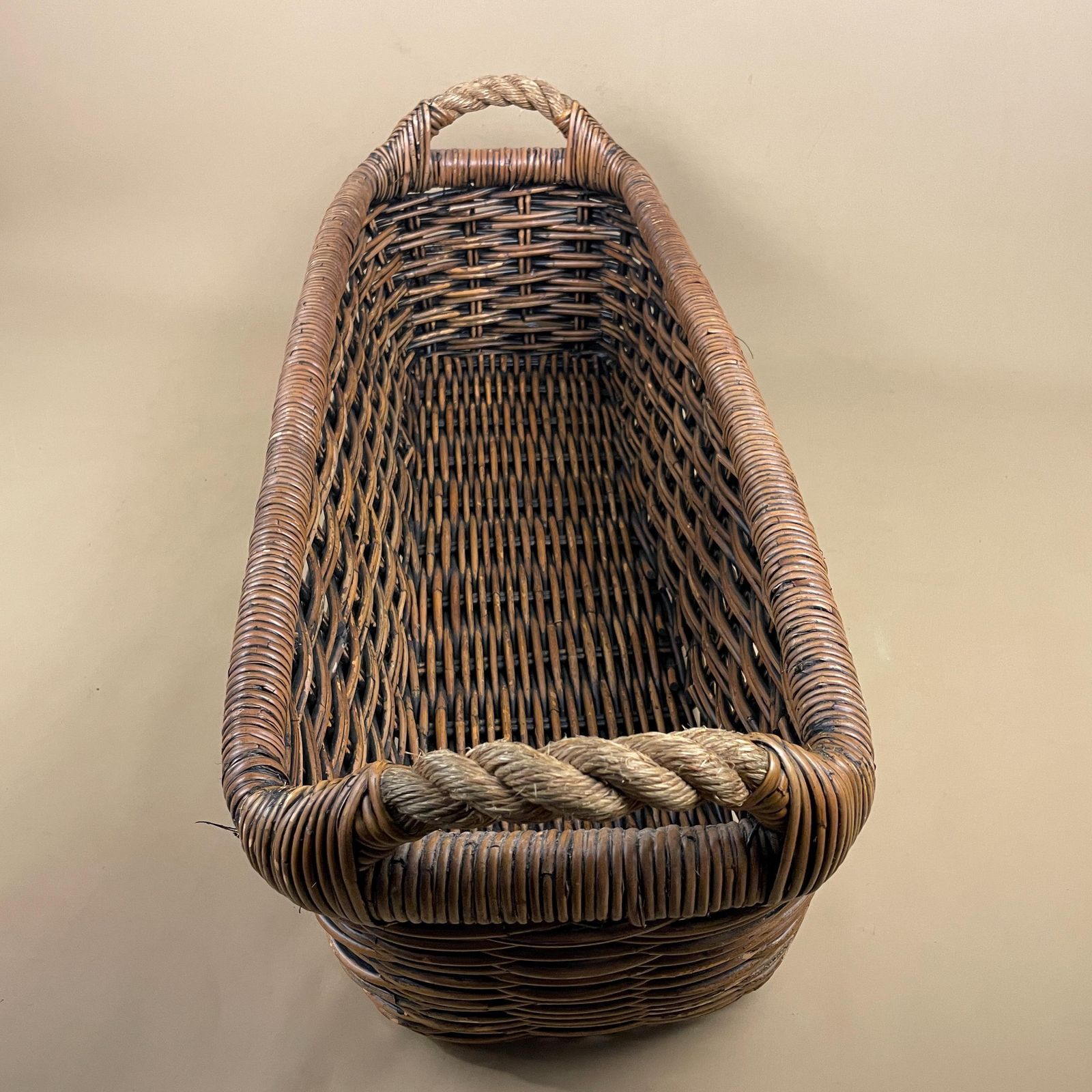 Vintage Oval Basket Woven Wicker Rope Handles Narrow Long Log Storage Display Cottage Farmhouse Logs Wood Wooden Antique photo vintage