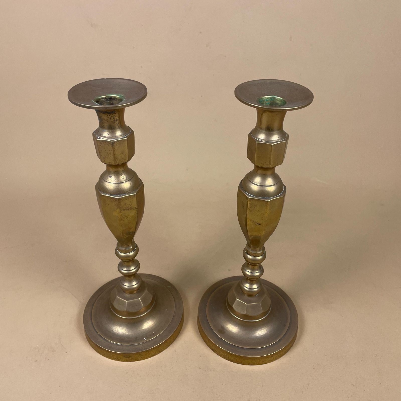 Antique Matching Pair Of Gold Brass Metal Candlestick Candle Stick Holder Vintage Column Taper Dinner Candlesticks Round Base Ornate photo for sale