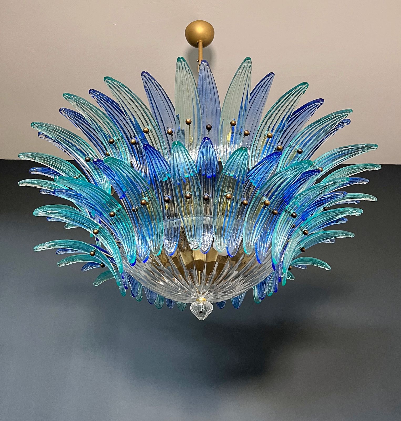 Murano Chandelier Original Palmette, Two Levels, 82 Blue And Turquoise Glasses Clear Glasses photo vintage