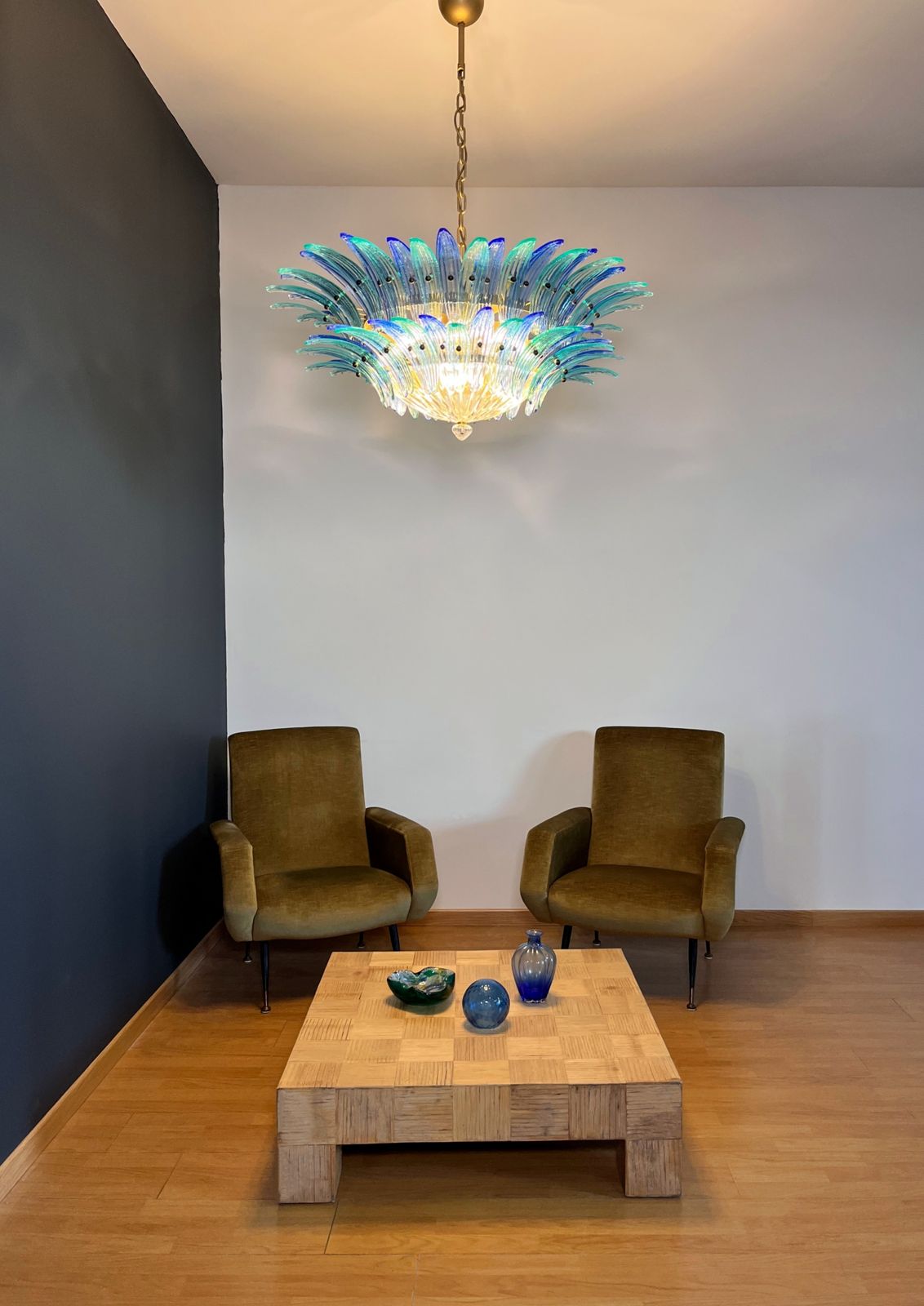 photo buy Murano Chandelier Original Palmette, Two Levels, 82 Blue And Turquoise Glasses Clear Glasses