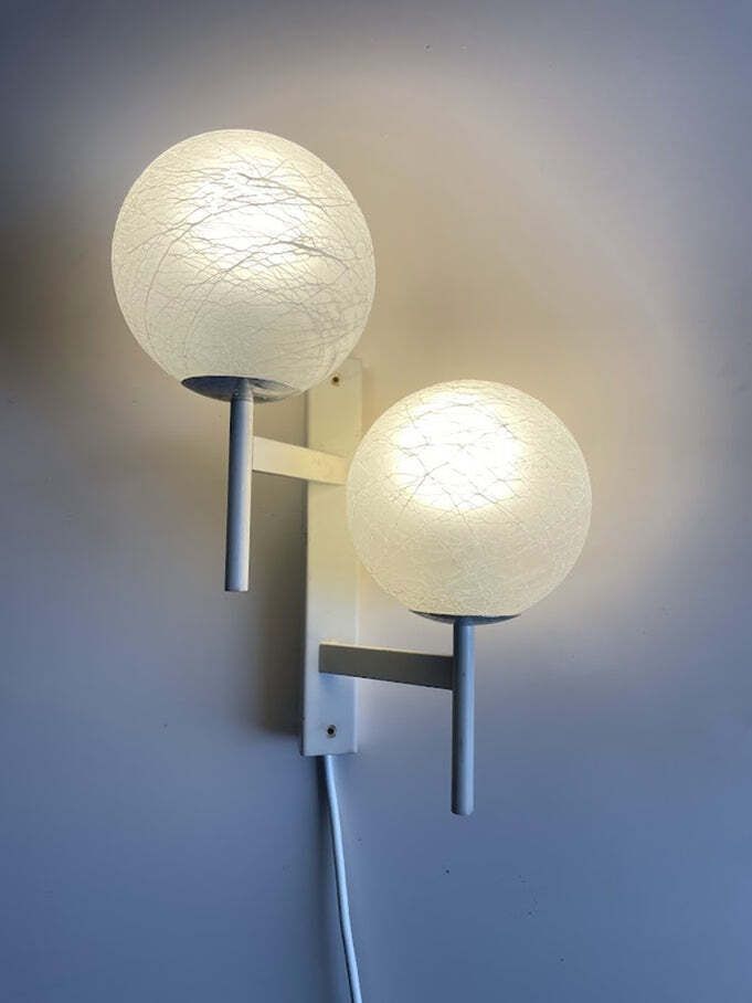 Mid Century Modern Double Globe Wall Sconce With Crackle Opaline Glass, Swiss 1960s photo vintage