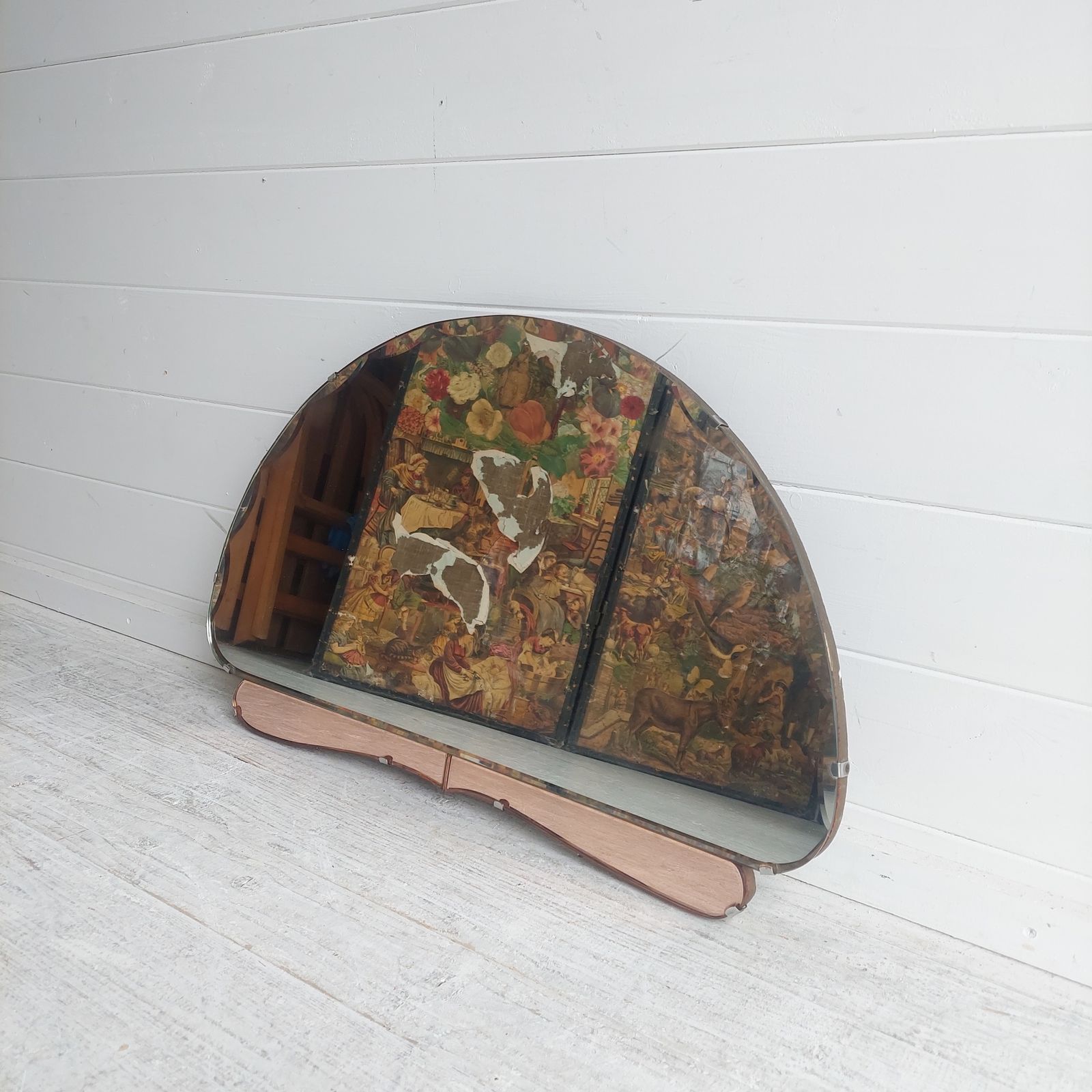 290.0 Art Deco Wall Mirror Eclectic Beveled Peach Coloured Glass Panels Original Backing Chain C1920s 30s photo