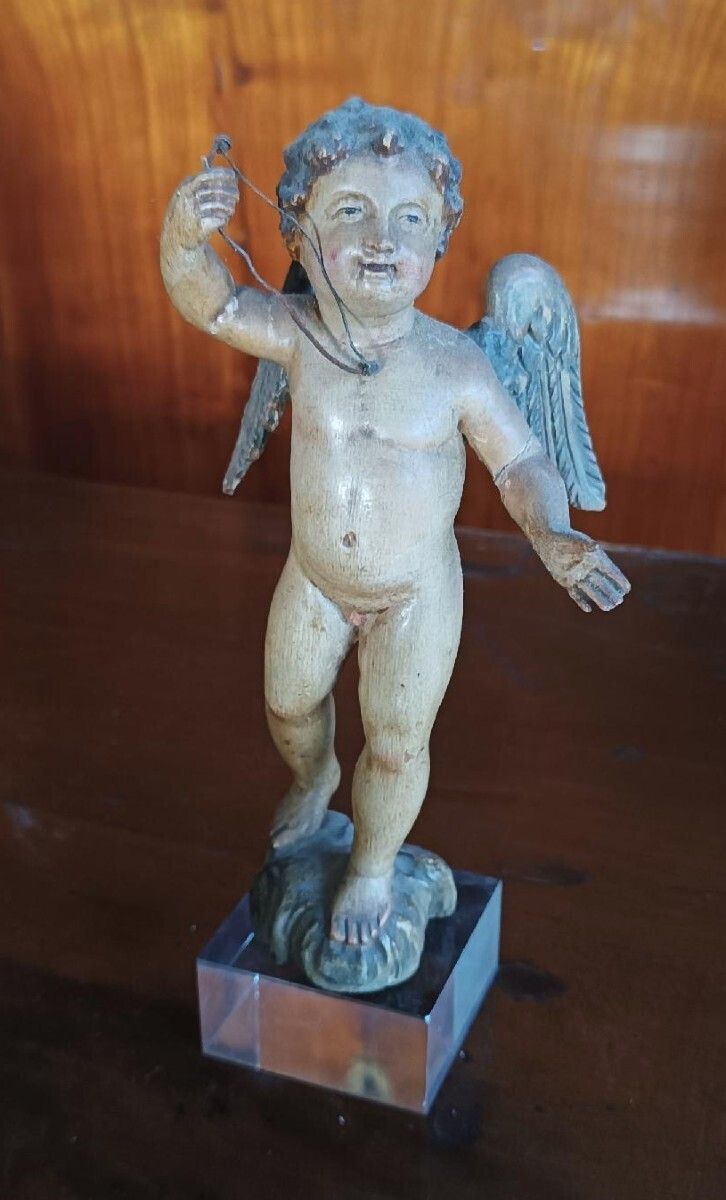Antique Polychrome Wooden Cherub   Italy, 18th Century photo furniture