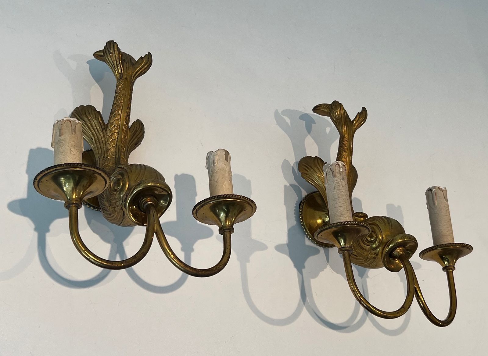 Pair Of Bronze Dolphin Wall Sconces By Maison Jansen photo for sale