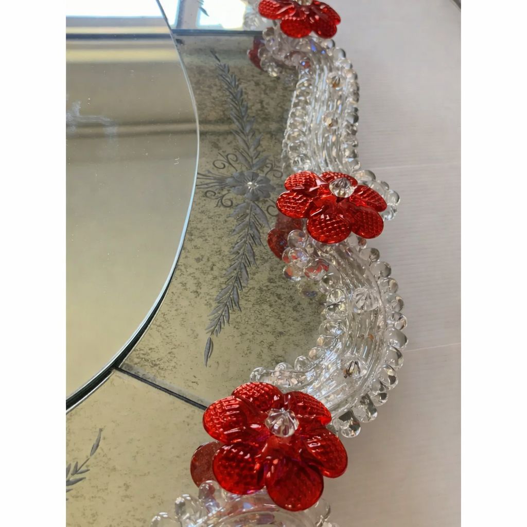 Venetian Murano Glass Oval Floral Wall Mirror – Hand Carved Italian Art photo 6165.0