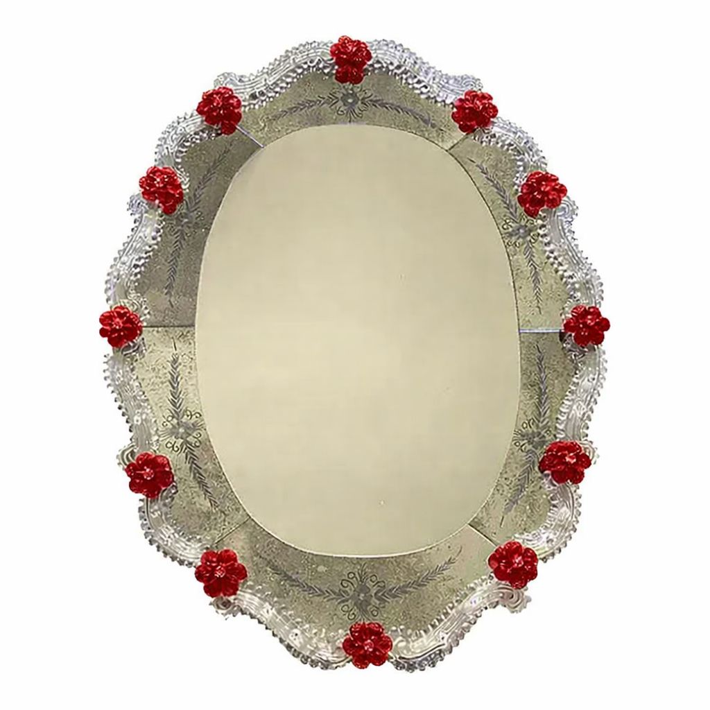 photo furniture Venetian Murano Glass Oval Floral Wall Mirror – Hand Carved Italian Art