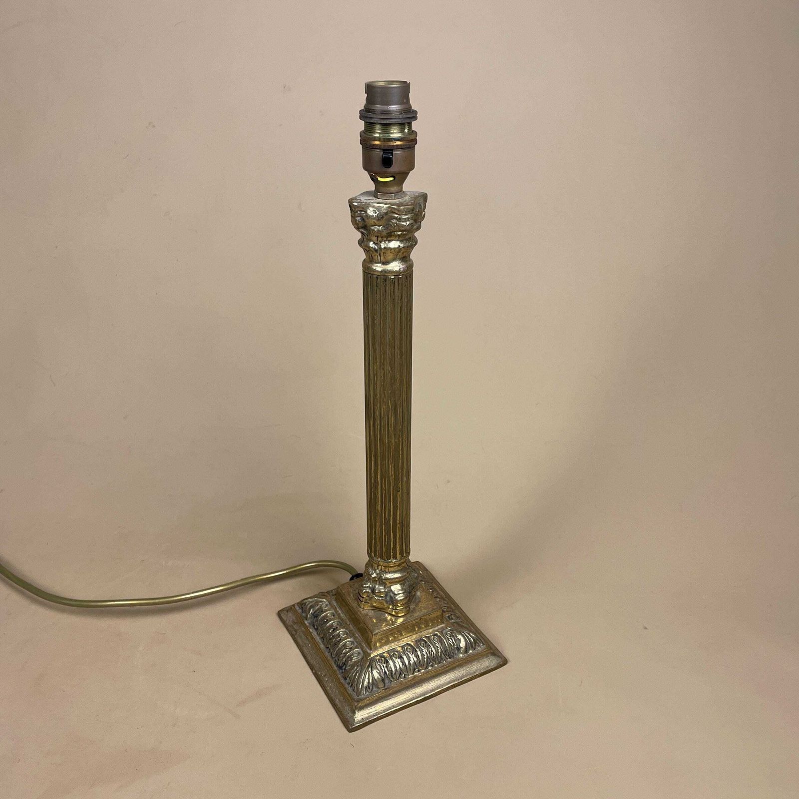 Antique Vintage Metal Gold Brass Lamp Light Bedside Side Table Desk Column Pillar Ornate Square Base Cottage Classic Old Patterned Elegant photo Lighting