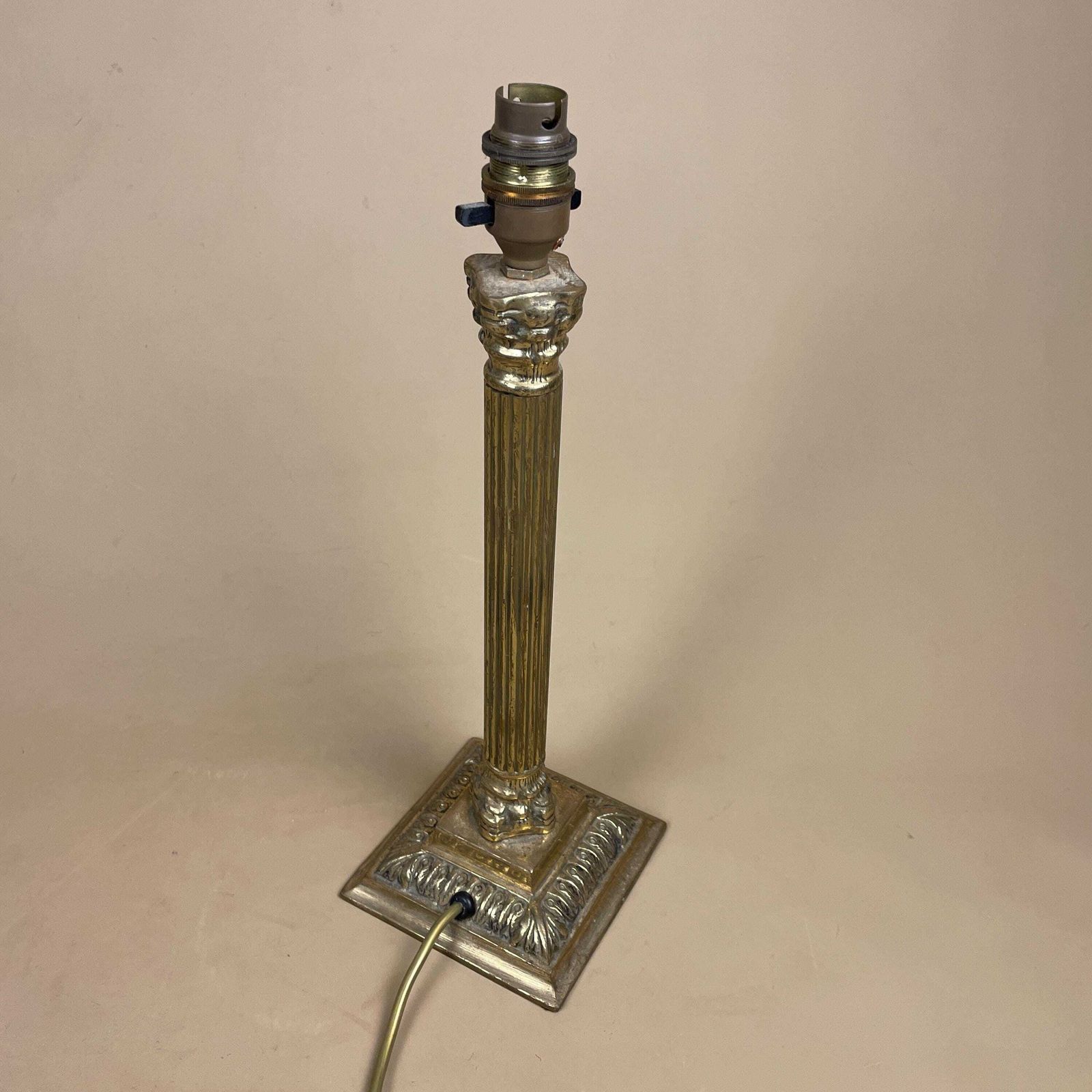 Antique Vintage Metal Gold Brass Lamp Light Bedside Side Table Desk Column Pillar Ornate Square Base Cottage Classic Old Patterned Elegant photo vinterior