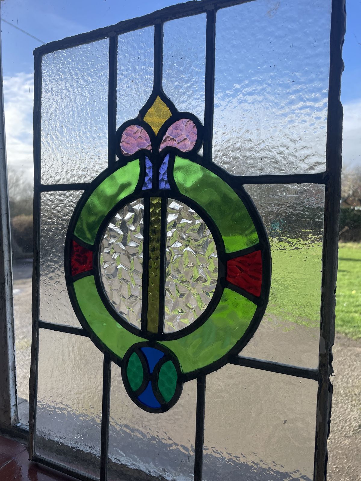 Edwardian Stained Glass Panel With Circular Wreath Motif And Stylised Floral Detail And Textured Glass C.1905 photo Home Fixtures