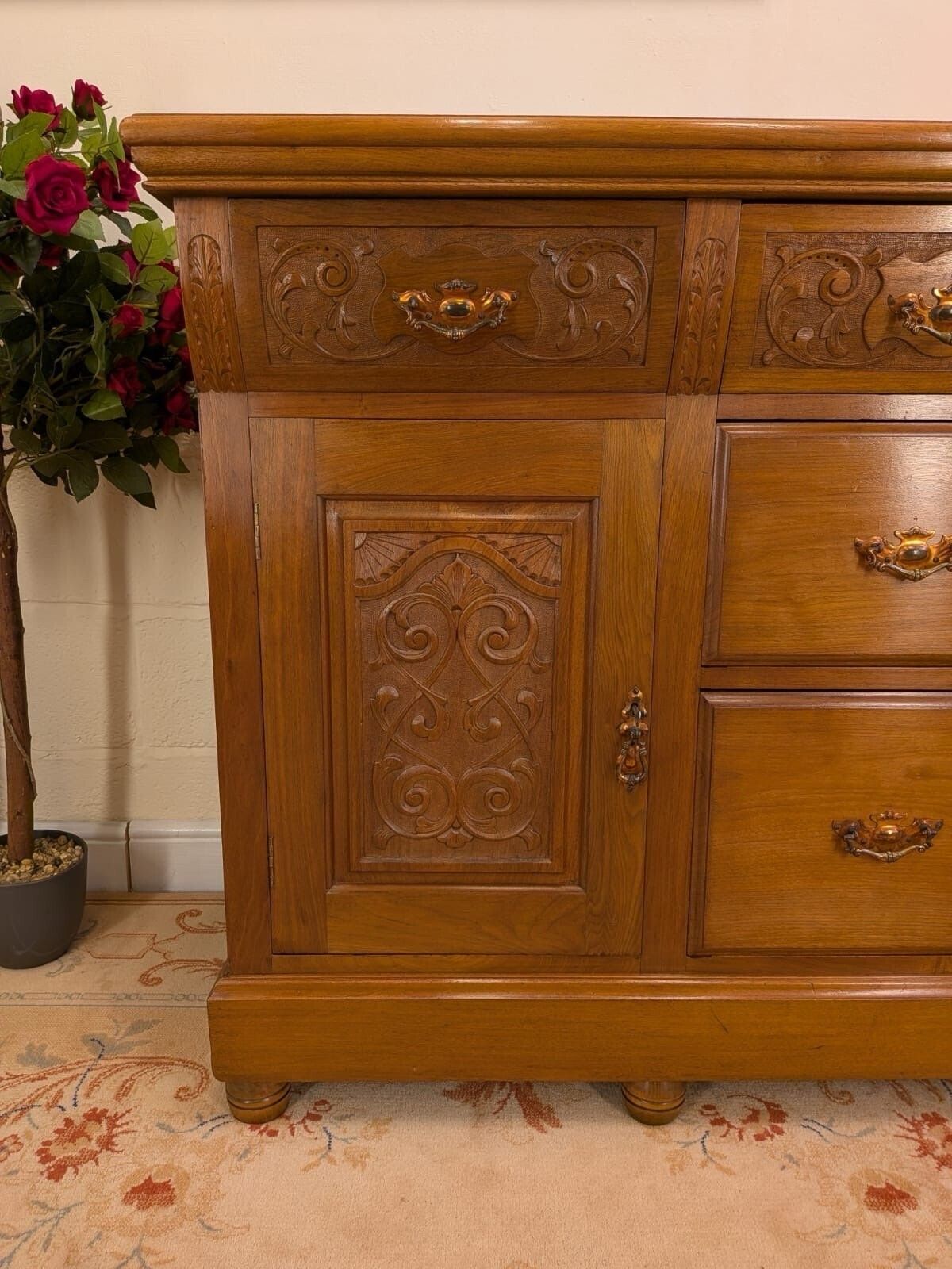 Rare Elegant Edwardian Solid Walnut Carved Sideboard photo Furniture