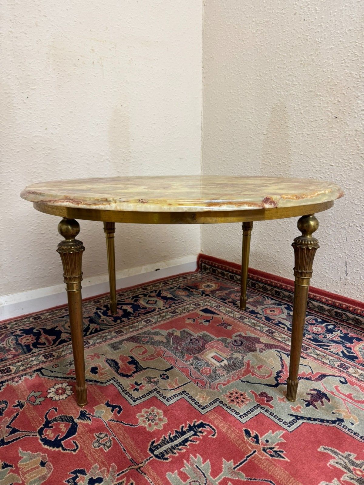 French Round Brass And Onyx Coffee Table/Accent Table