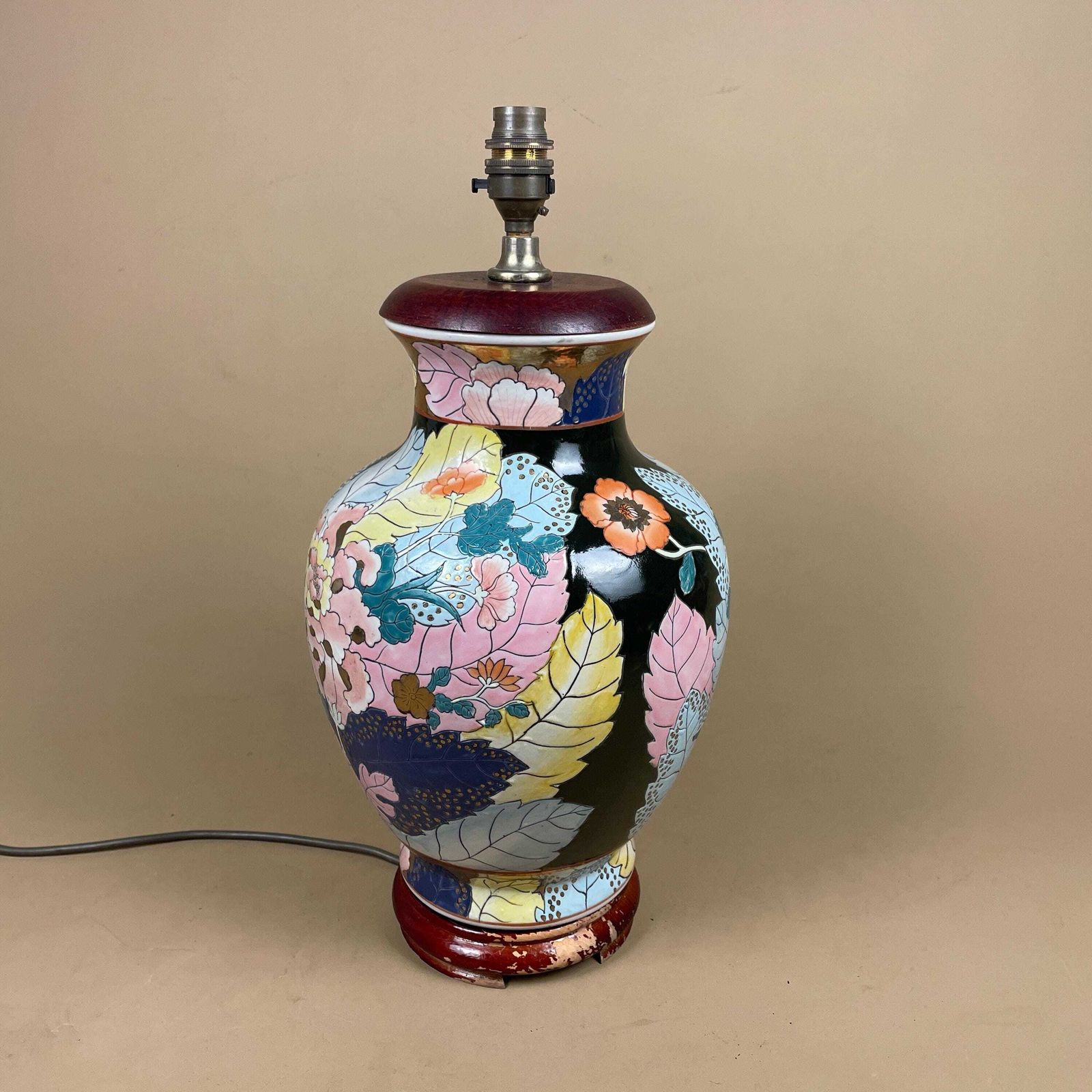 Oriental Ceramic Lamp Light Bedside Table Hand Painted Floral Design Black Pink Chinese Vase Cottage Antique Wood Base Elegant Classic photo for sale